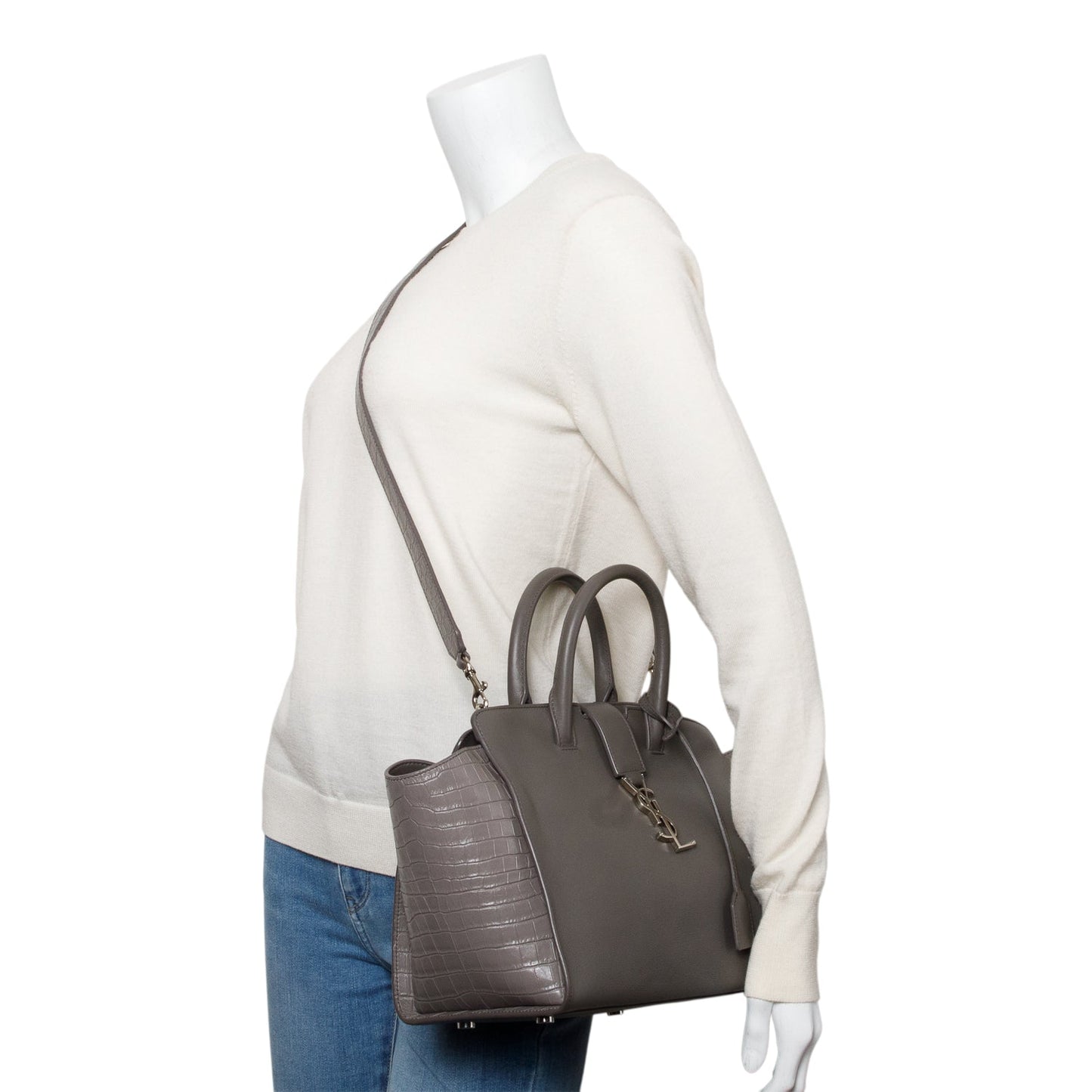Saint Laurent Grey Calfskin and Croc Embossed Leather Downtown Baby Cabas Tote Bag