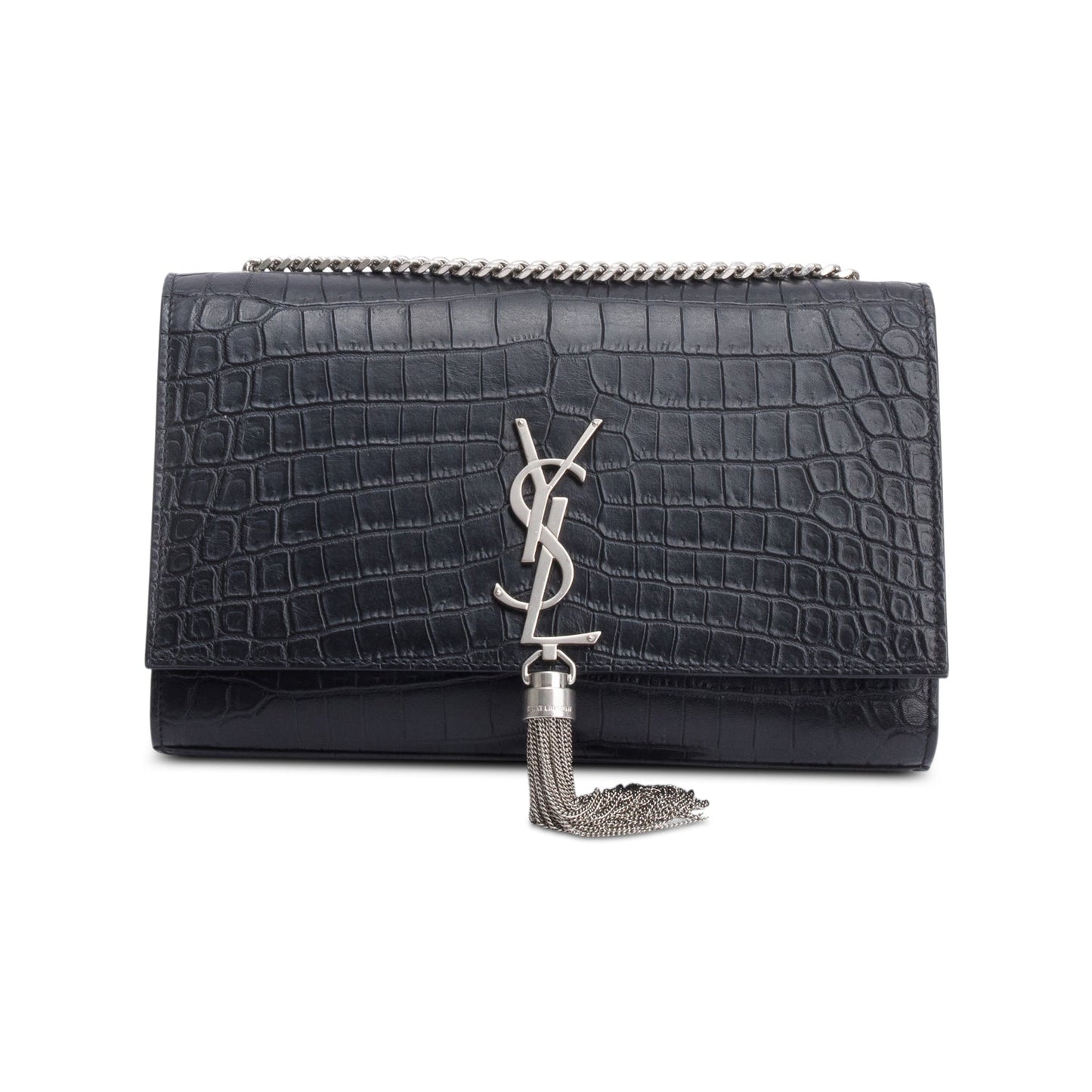 Saint Laurent Black Crocodile-Embossed Leather Medium Classic Monogram Kate Tassel Chain Bag