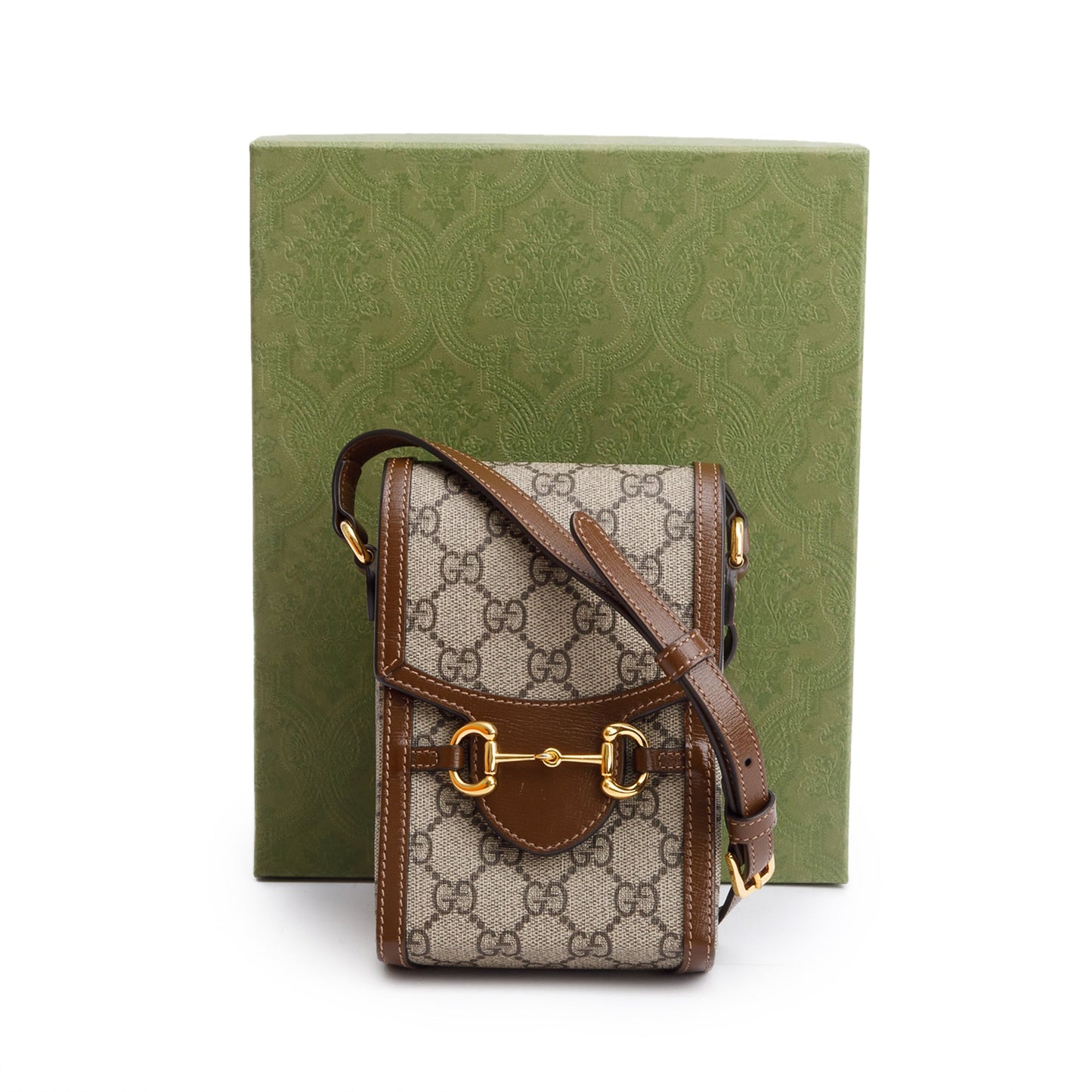 Gucci GG Supreme Brown Leather Trim Mini Horsebit 1955 Crossbody Bag