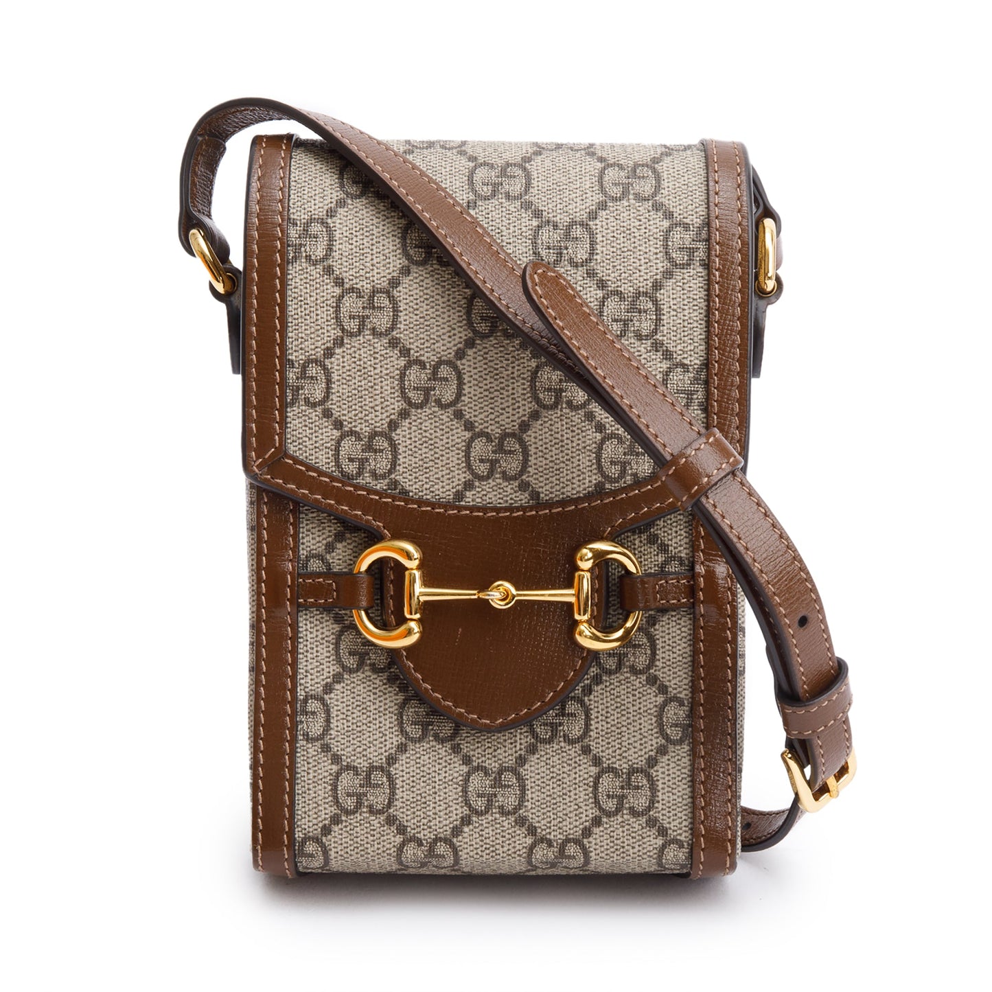 Gucci GG Supreme Brown Leather Trim Mini Horsebit 1955 Crossbody Bag