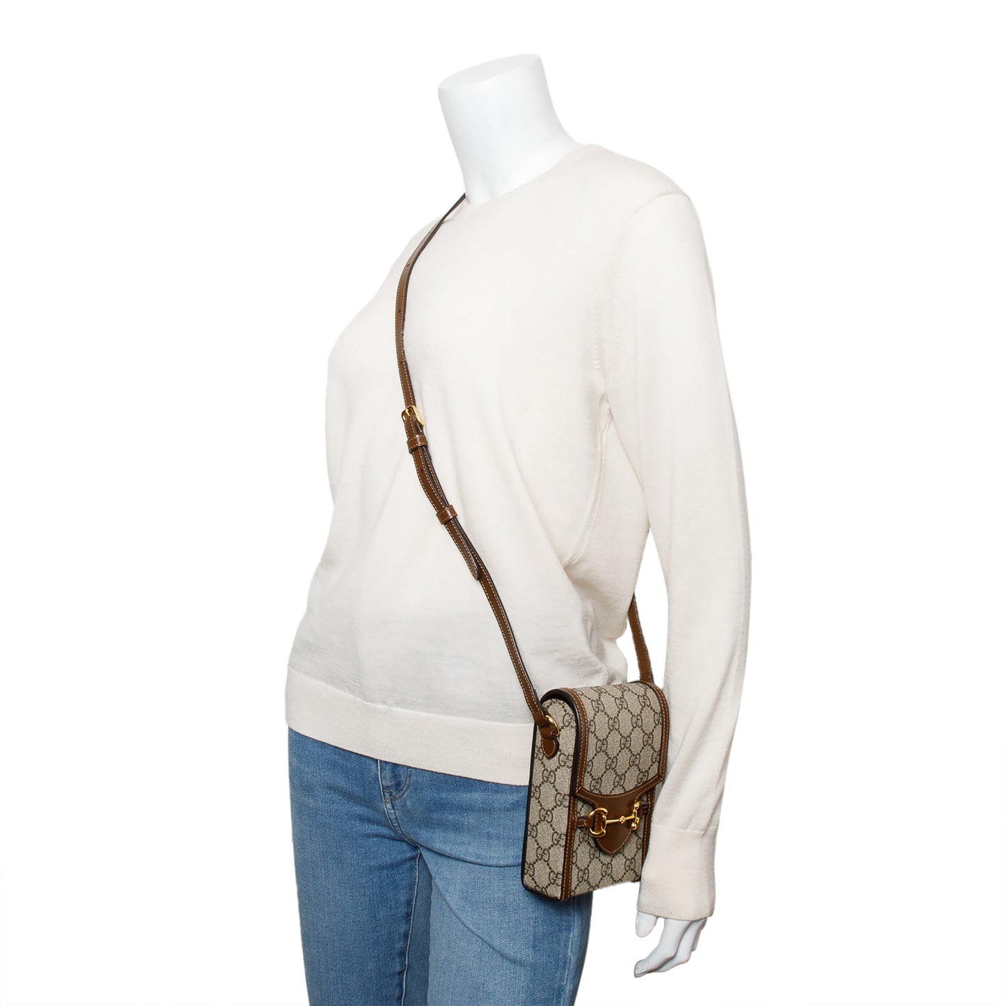 Gucci GG Supreme Brown Leather Trim Mini Horsebit 1955 Crossbody Bag