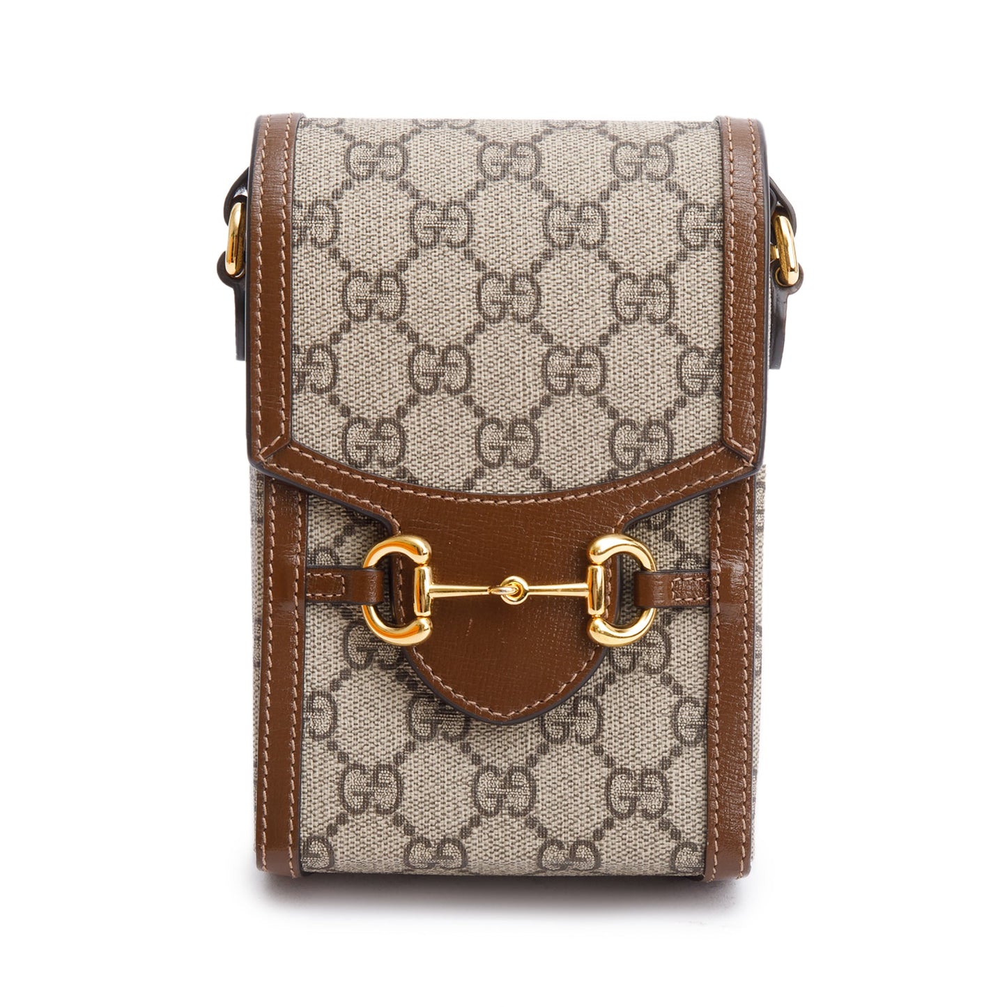 Gucci GG Supreme Brown Leather Trim Mini Horsebit 1955 Crossbody Bag