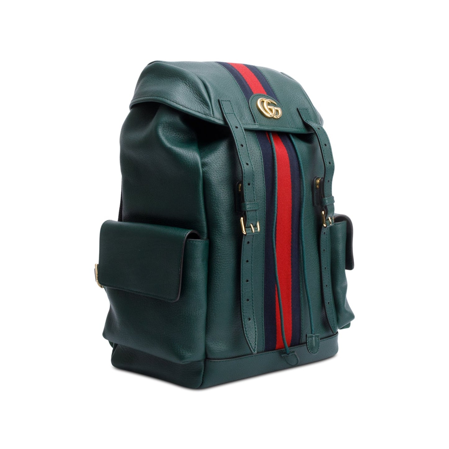 Gucci Green Calfskin Leather Web Double Buckle Ophidia Medium Backpack