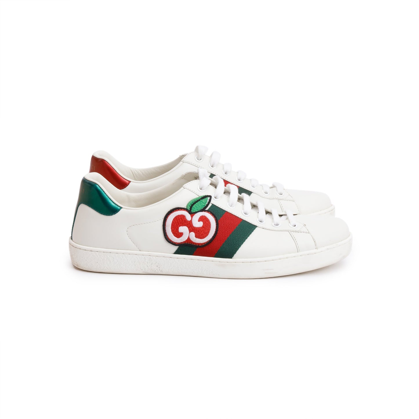 Gucci White Leather Embroidered Web GG Apple Men's Ace Sneakers, Size 8