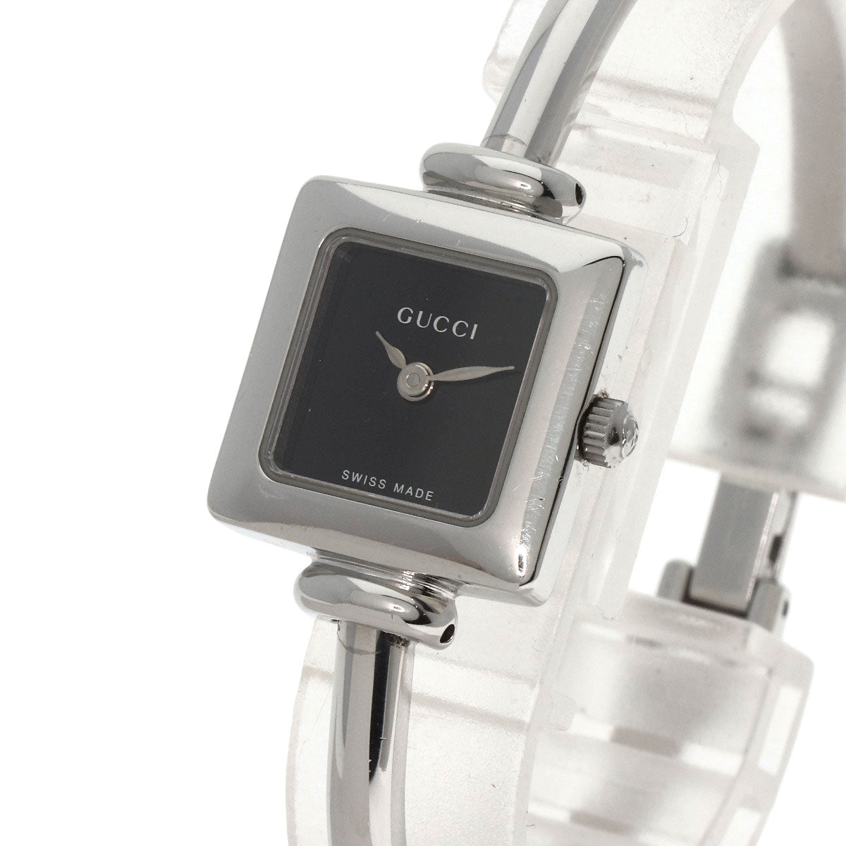 GUCCI Watches Quartz 1900L Stainless Steel , Stainless Steel Silver Square face black dial Women