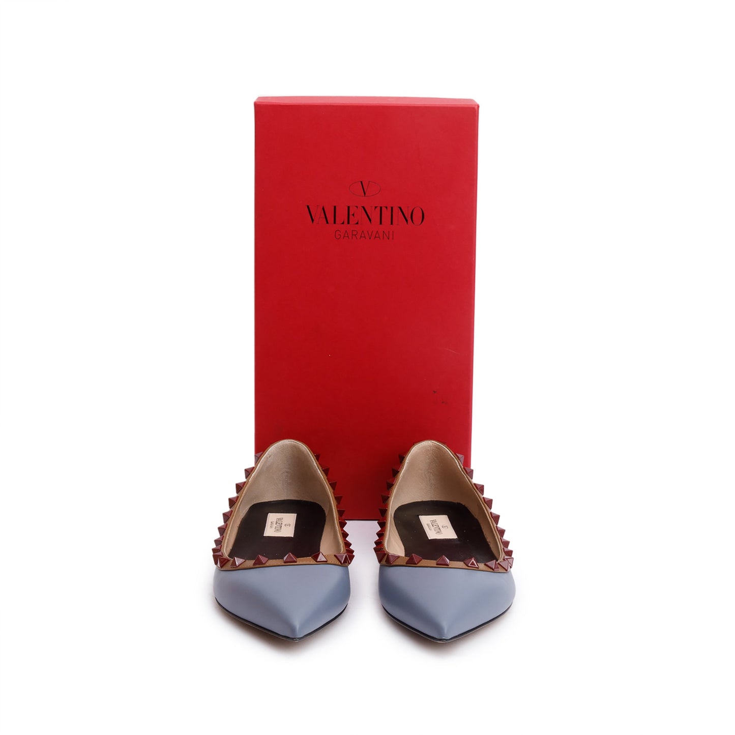Valentino Blue/Beige Leather Rockstud Ballet Flats, Size 8