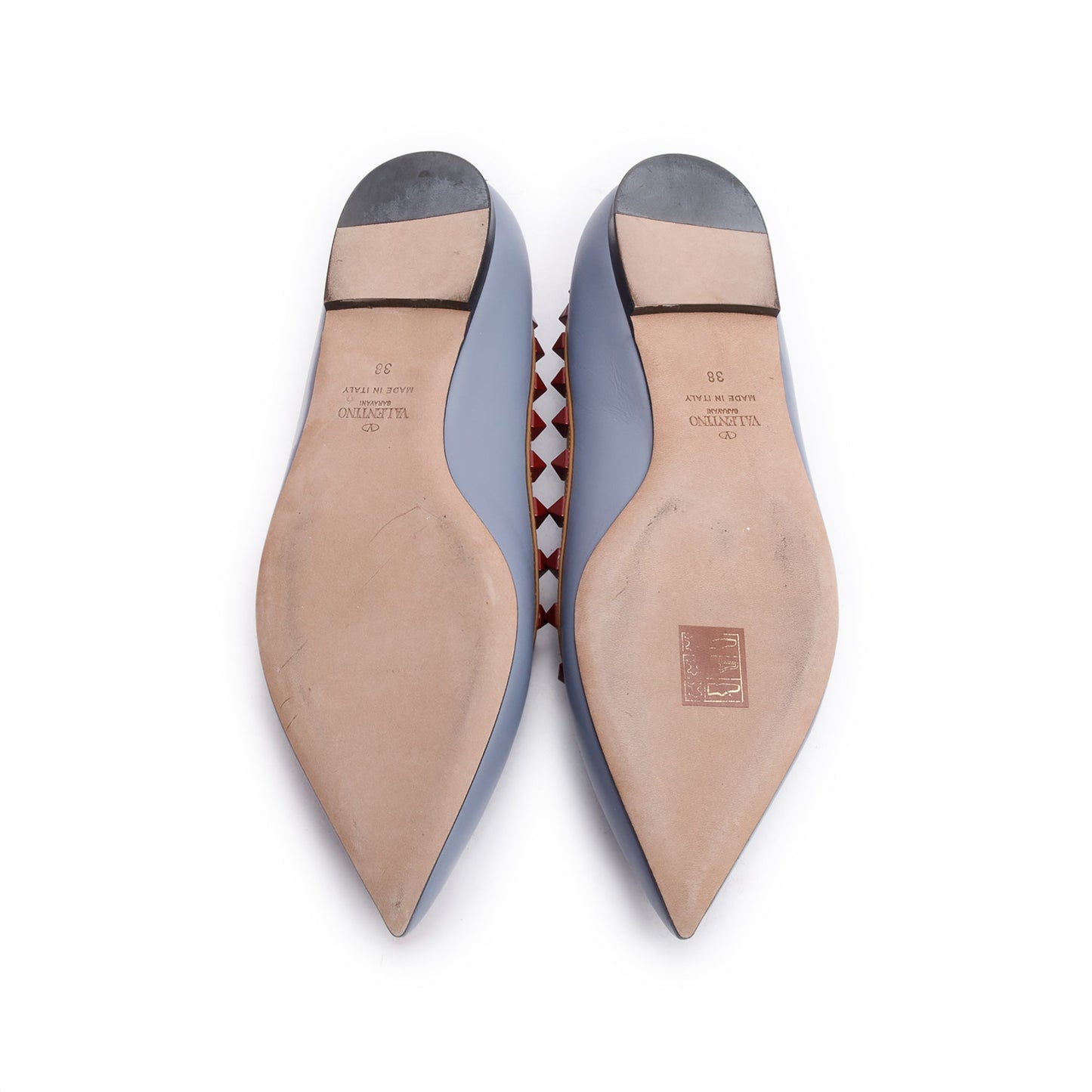 Valentino Blue/Beige Leather Rockstud Ballet Flats, Size 8
