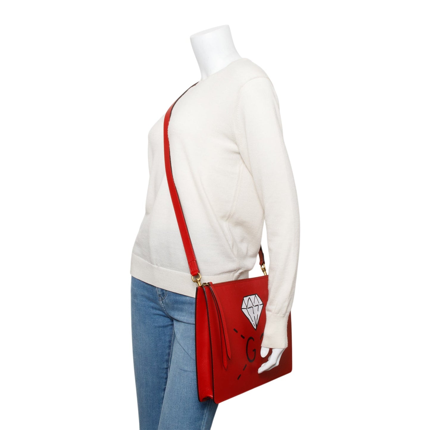 Gucci Red Calfskin Leather Ghost GG Diamond Messenger Bag