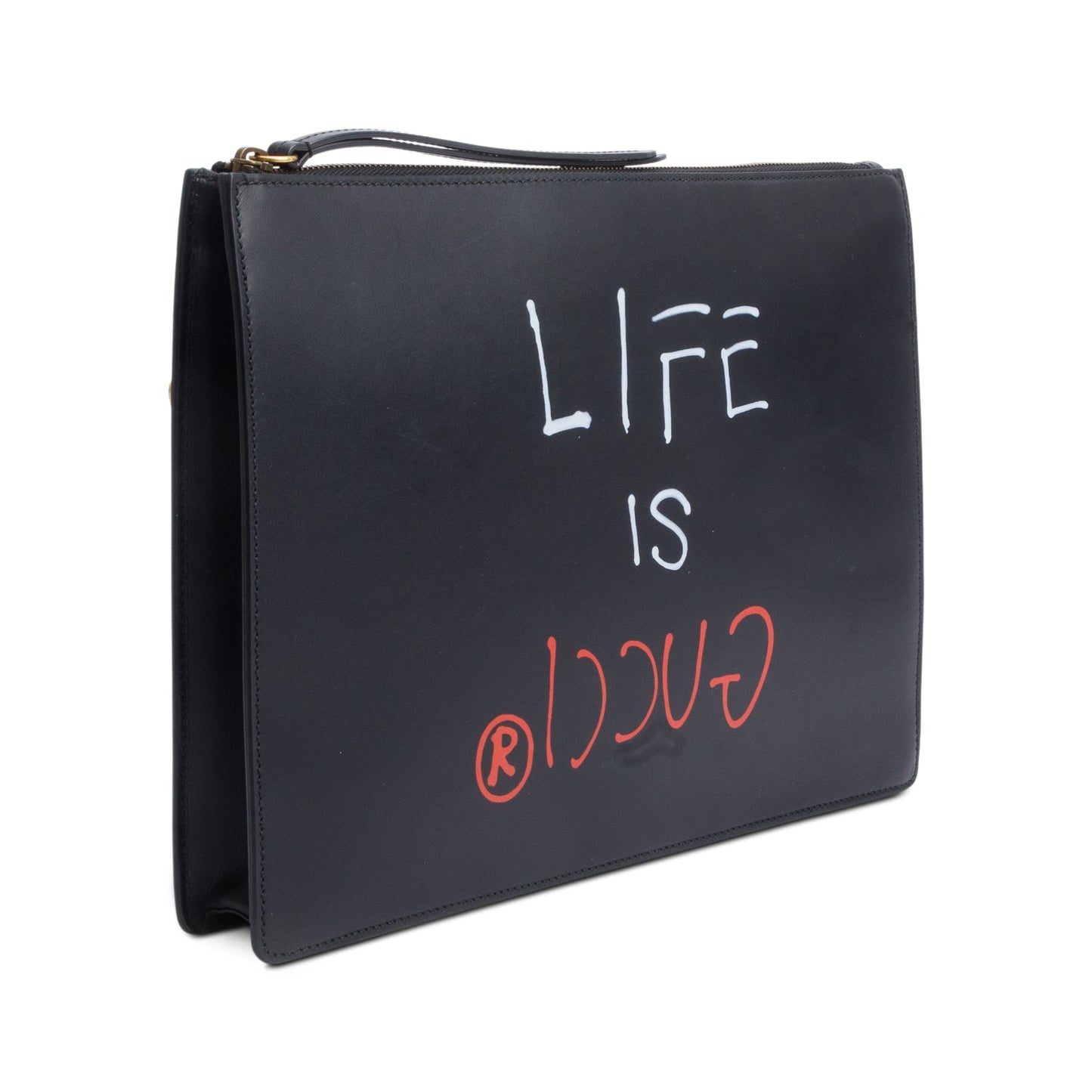 Gucci Black Calfskin Leather 'Life Is Gucci' Print Wristlet Pouch