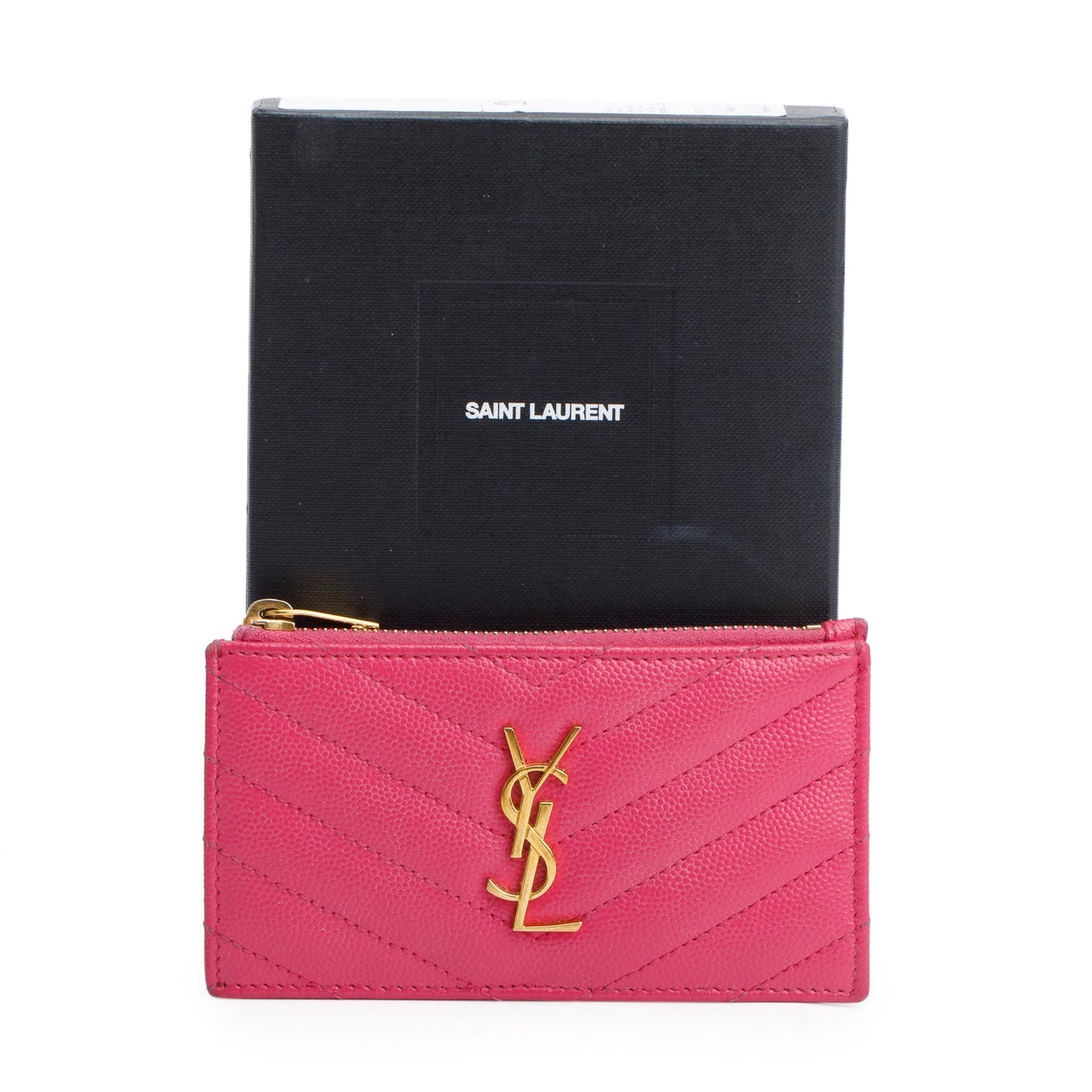 Saint Laurent 2022 Pink Grain De Poudre Leather Cassandre Matelasse Fragments Zipped Card Case