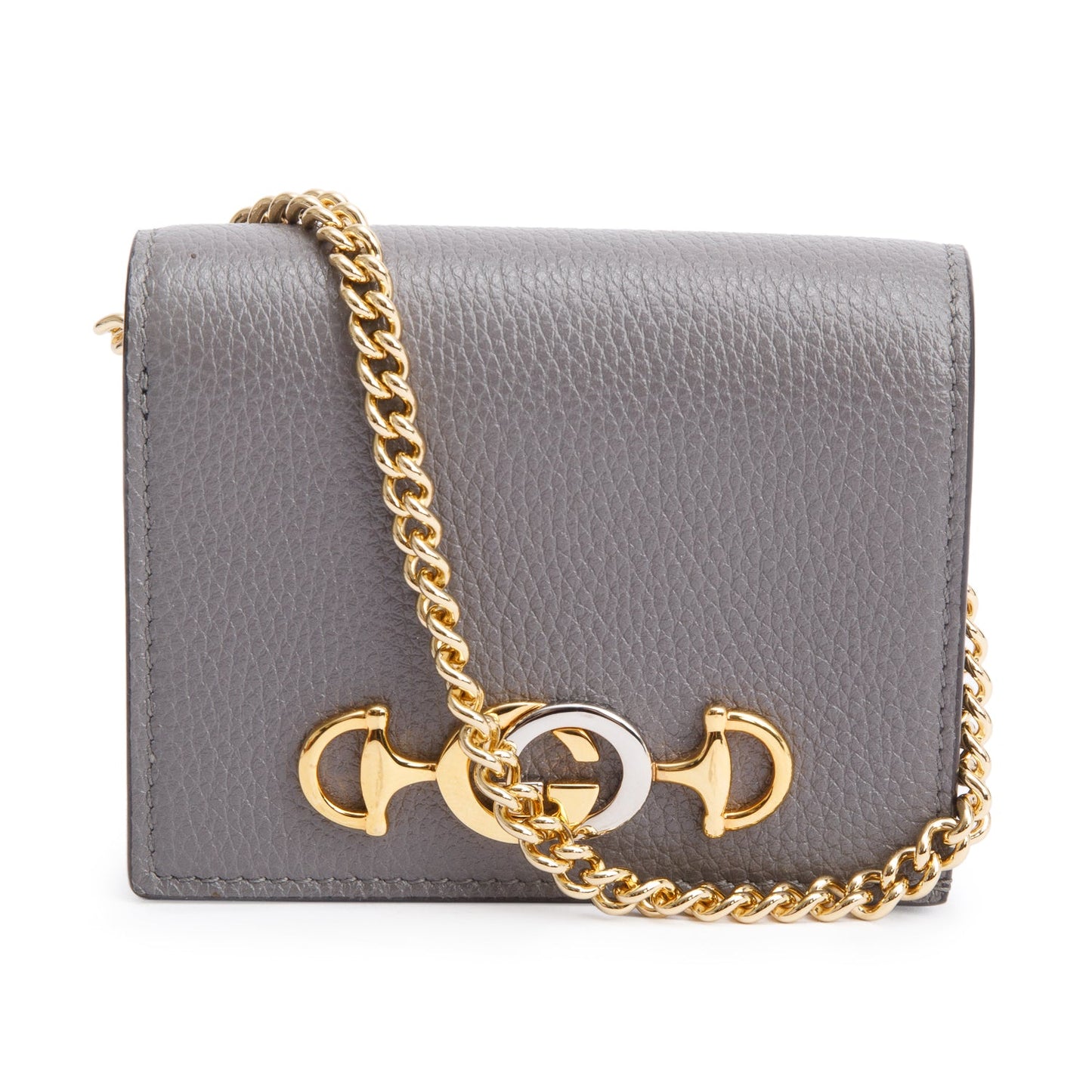 Gucci Grey Calfskin Leather Zumi Chain Card Case Wallet