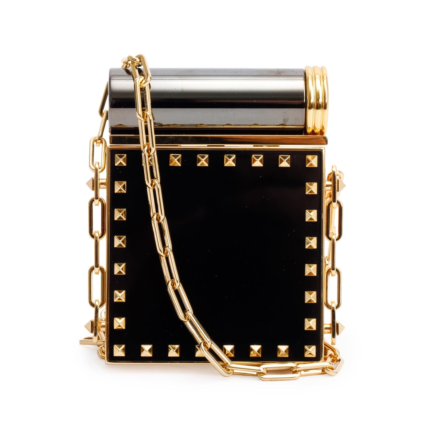 Valentino Gold-Tone Metal Black Acrylic Rockstud Lipstick & Mirror Minaudiere