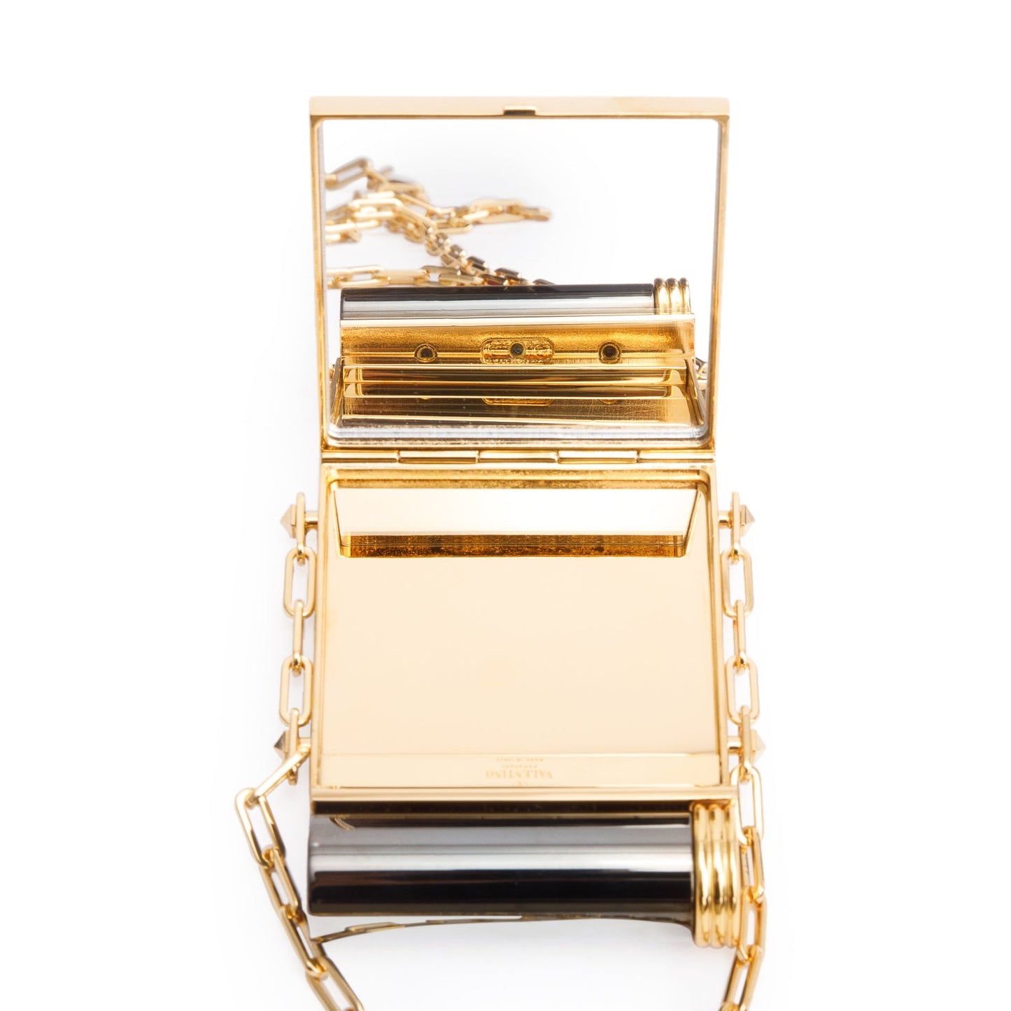 Valentino Gold-Tone Metal Black Acrylic Rockstud Lipstick & Mirror Minaudiere