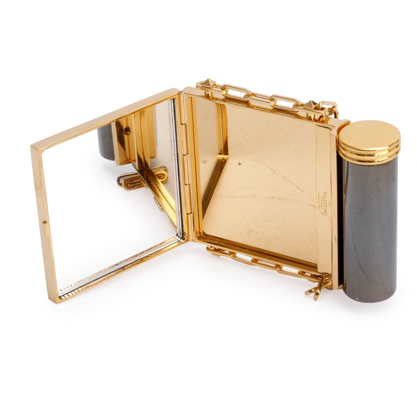 Valentino Gold-Tone Metal Black Acrylic Rockstud Lipstick & Mirror Minaudiere