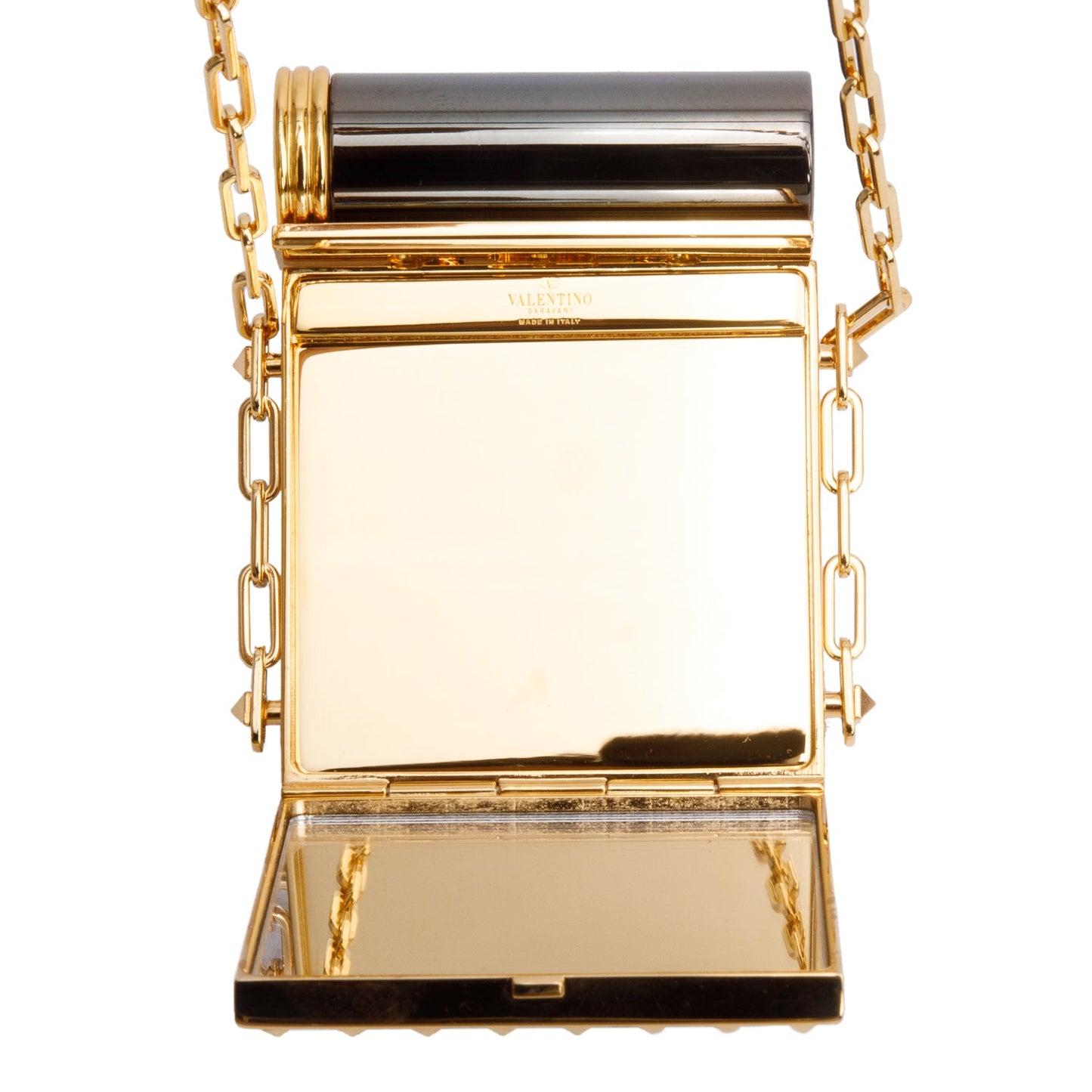 Valentino Gold-Tone Metal Black Acrylic Rockstud Lipstick & Mirror Minaudiere
