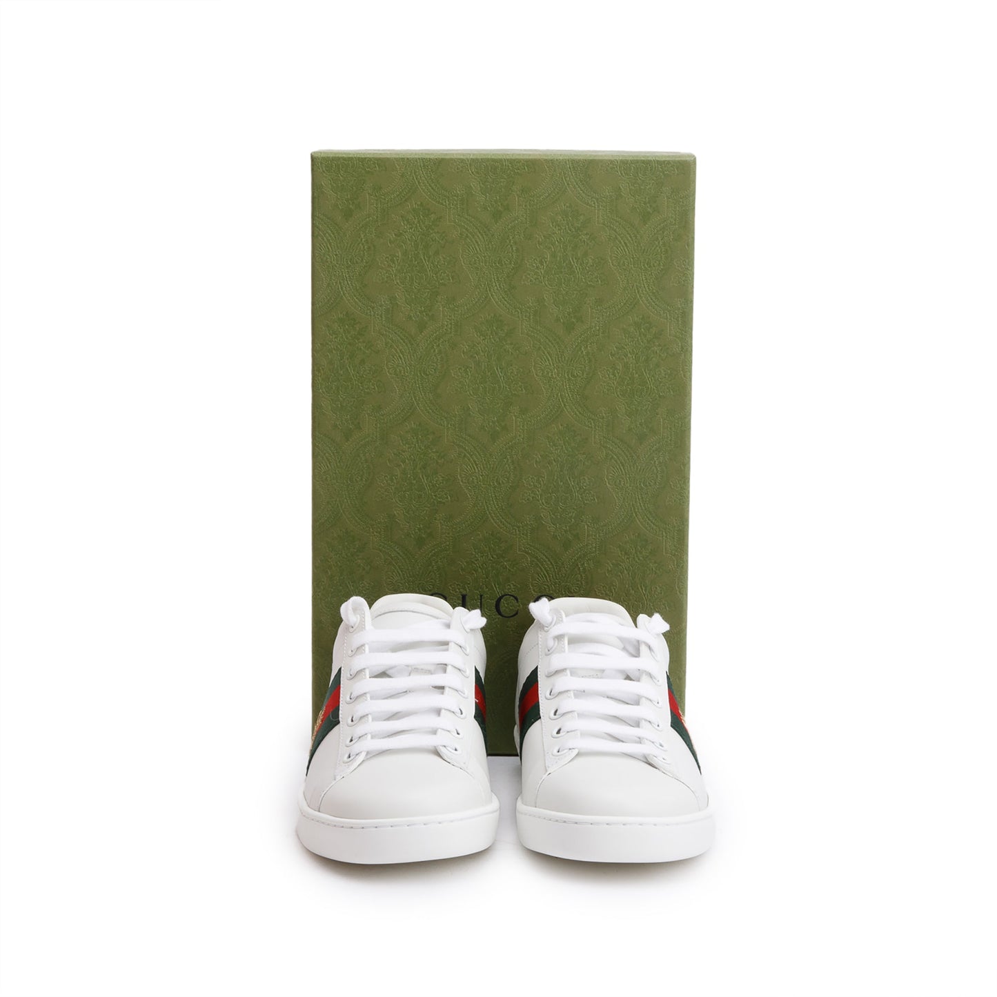 Gucci 2023 White Leather Embroidered Web Bee Ace Sneakers, Size 37