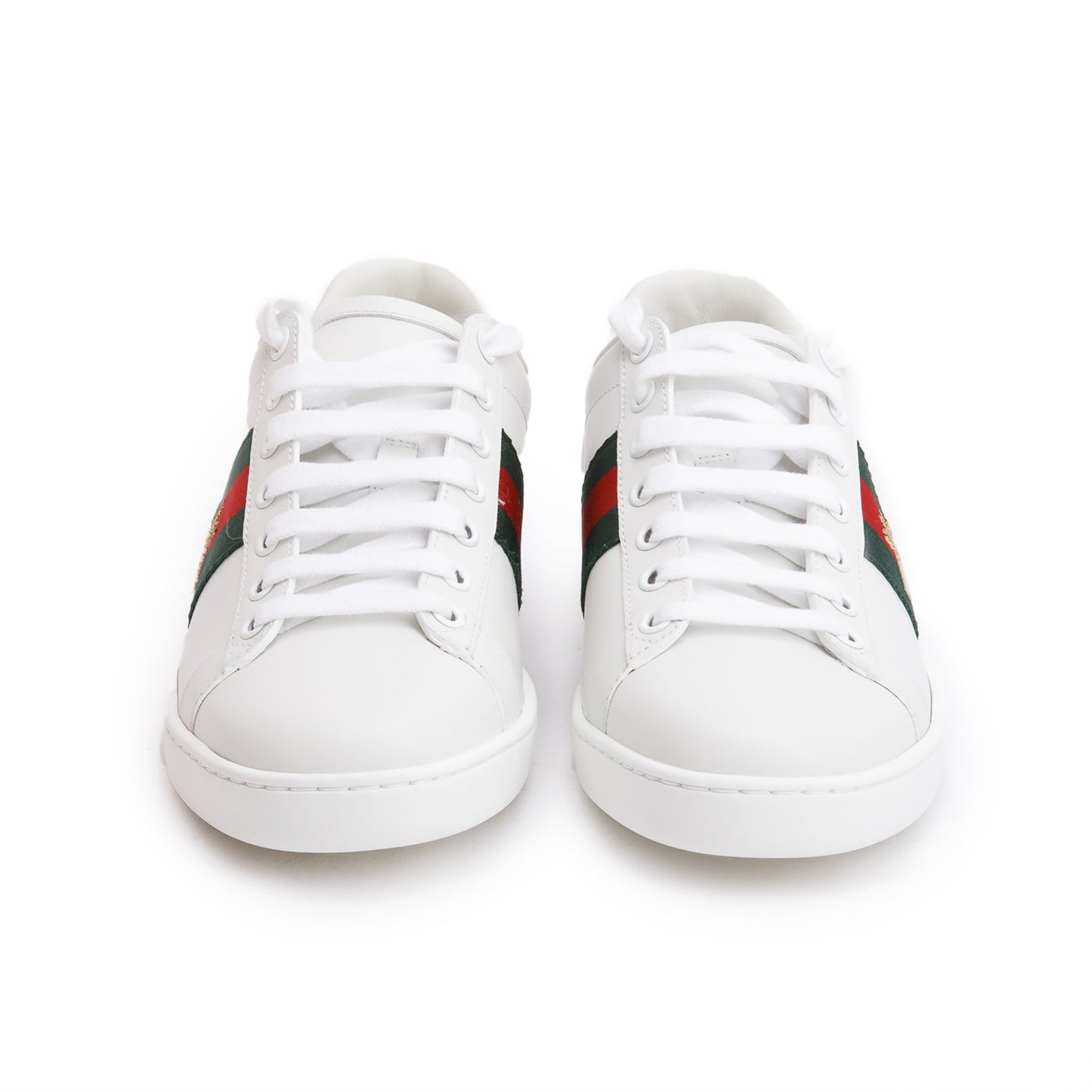 Gucci 2023 White Leather Embroidered Web Bee Ace Sneakers, Size 37