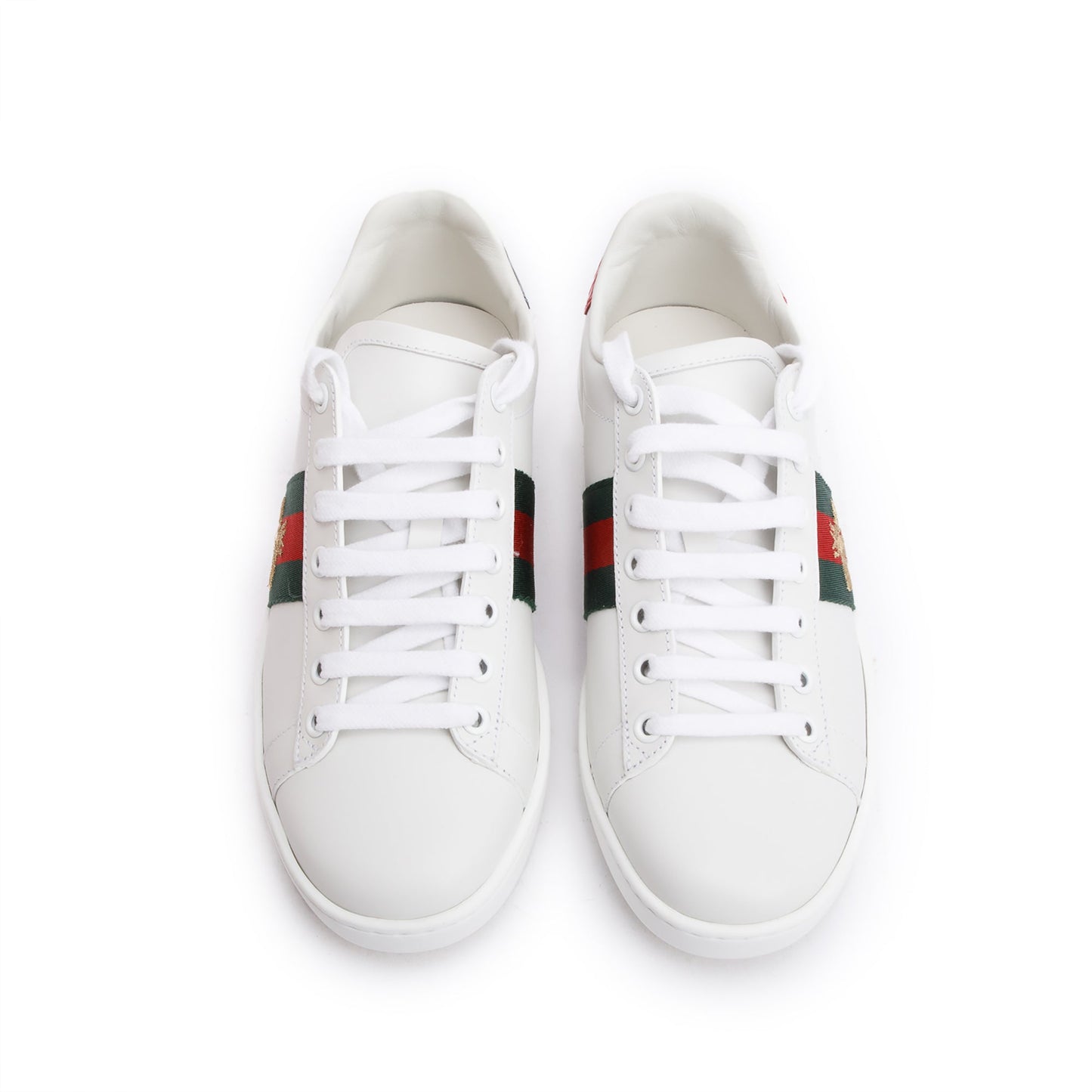 Gucci 2023 White Leather Embroidered Web Bee Ace Sneakers, Size 37