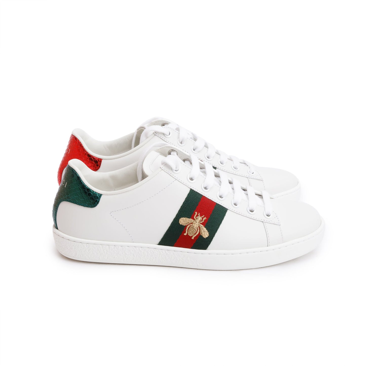 Gucci 2023 White Leather Embroidered Web Bee Ace Sneakers, Size 37