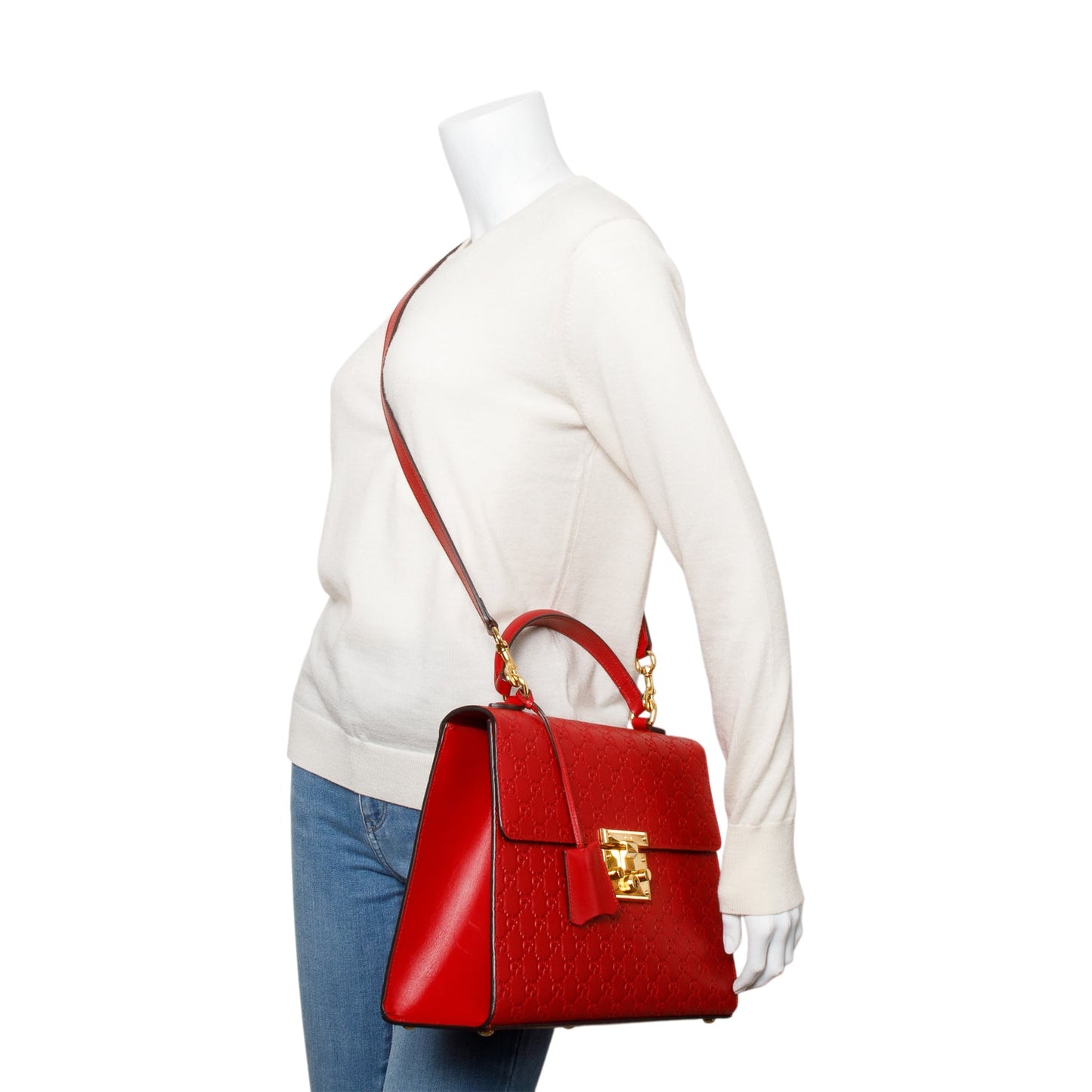 Gucci Red Signature Leather Medium Padlock Top Handle Bag