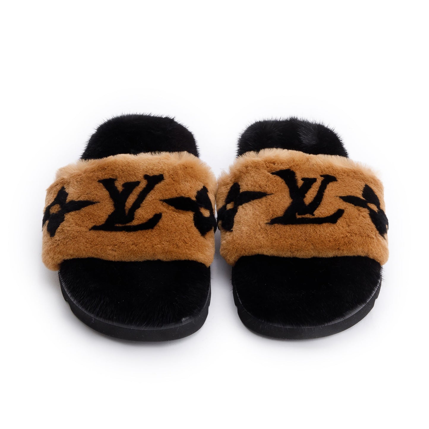 Louis Vuitton 2021 Brown/Black Giant Monogram Print Fur Mink Pool Pillow Comfort Mules, Size 40