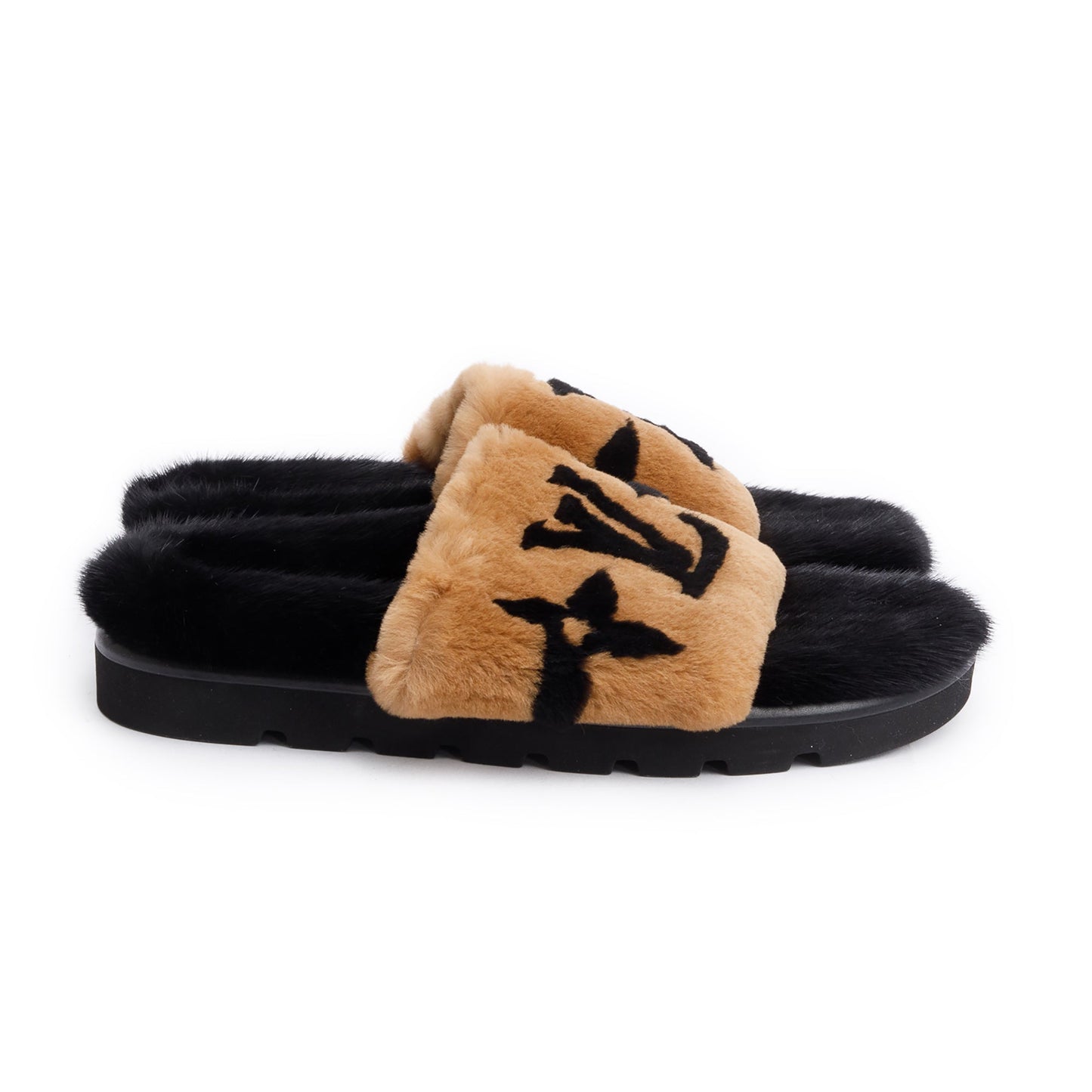 Louis Vuitton 2021 Brown/Black Giant Monogram Print Fur Mink Pool Pillow Comfort Mules, Size 40