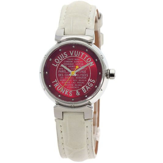 LOUIS VUITTON Watches Quartz Q121N Stainless Steel, Leather Silver Tambour TRUNKS&BAGS Red dial Women
