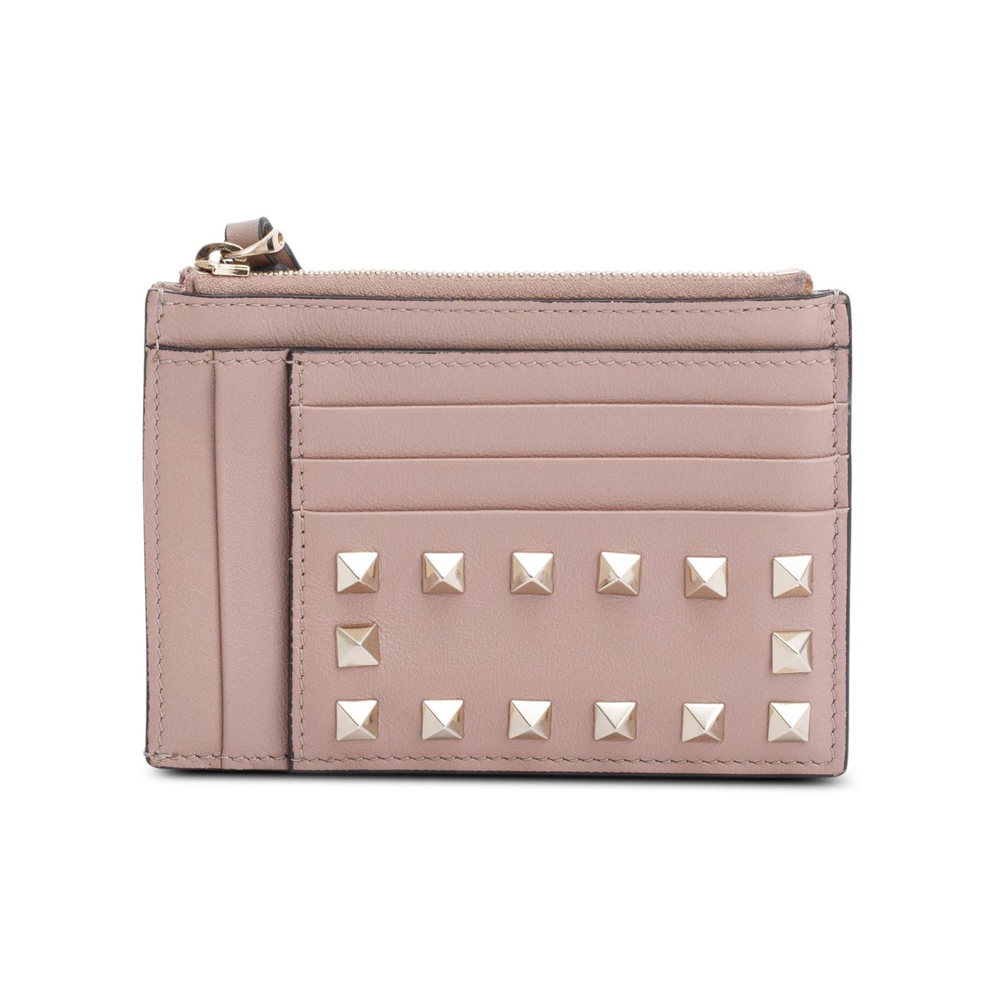 Valentino Beige Calfskin Leather Rockstud Zipped Card Holder Wallet