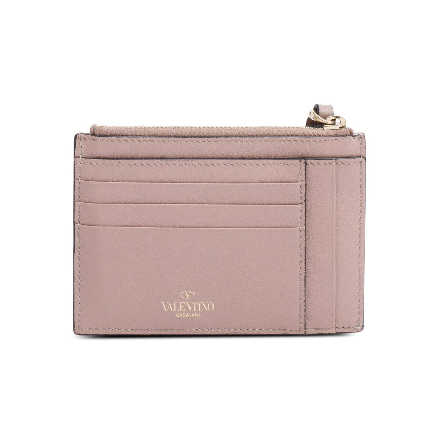 Valentino Beige Calfskin Leather Rockstud Zipped Card Holder Wallet