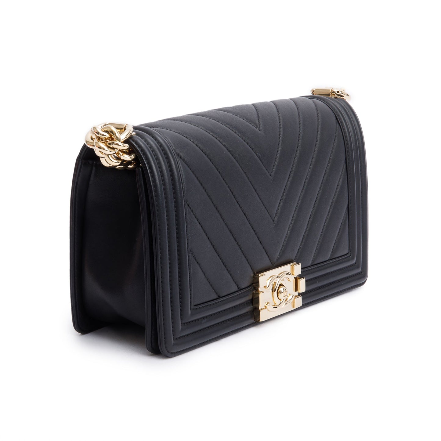 Chanel Black Chevron Quilted Lambskin Leather Medium Boy Bag