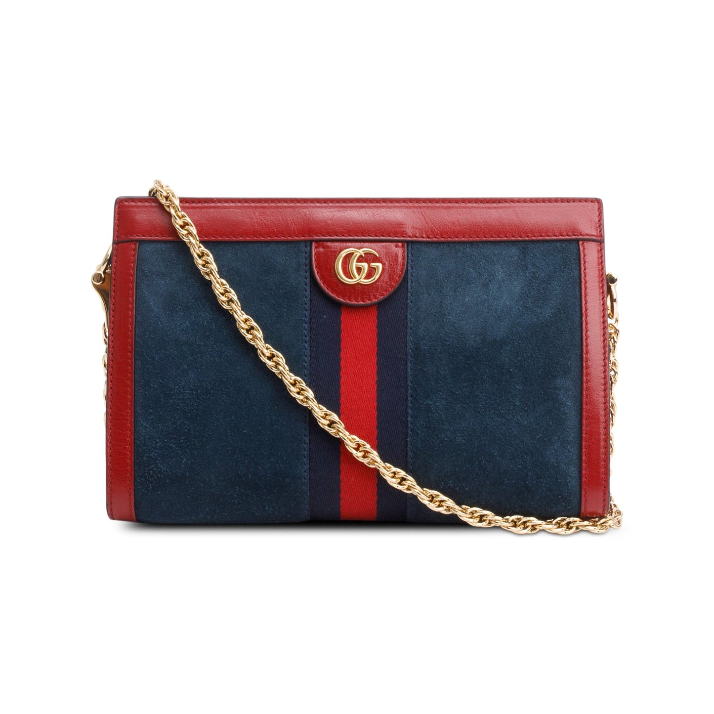 Gucci Blue Suede Red Patent Leather Web Ophidia Medium Chain Shoulder Bag