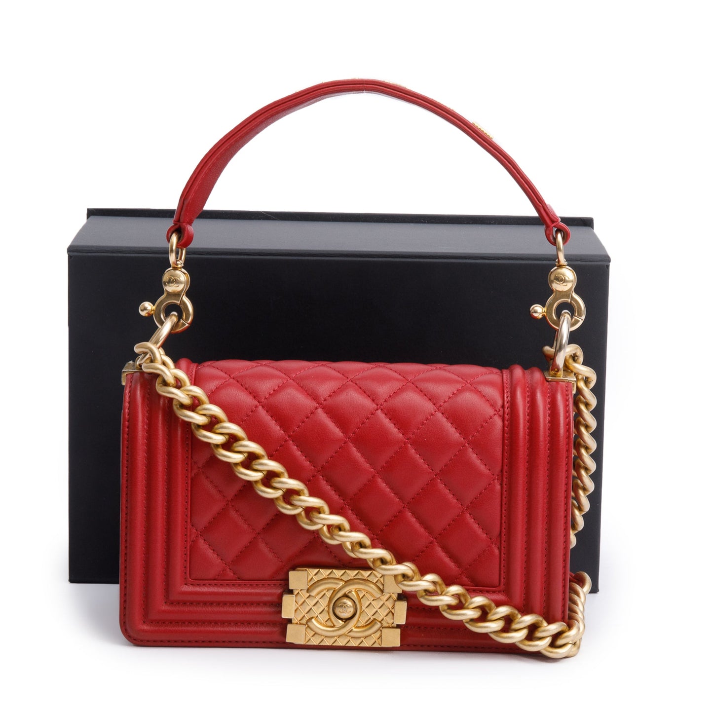 Chanel 2020 Red Quilted Lambskin Leather Small Logo Top Handle Boy Bag