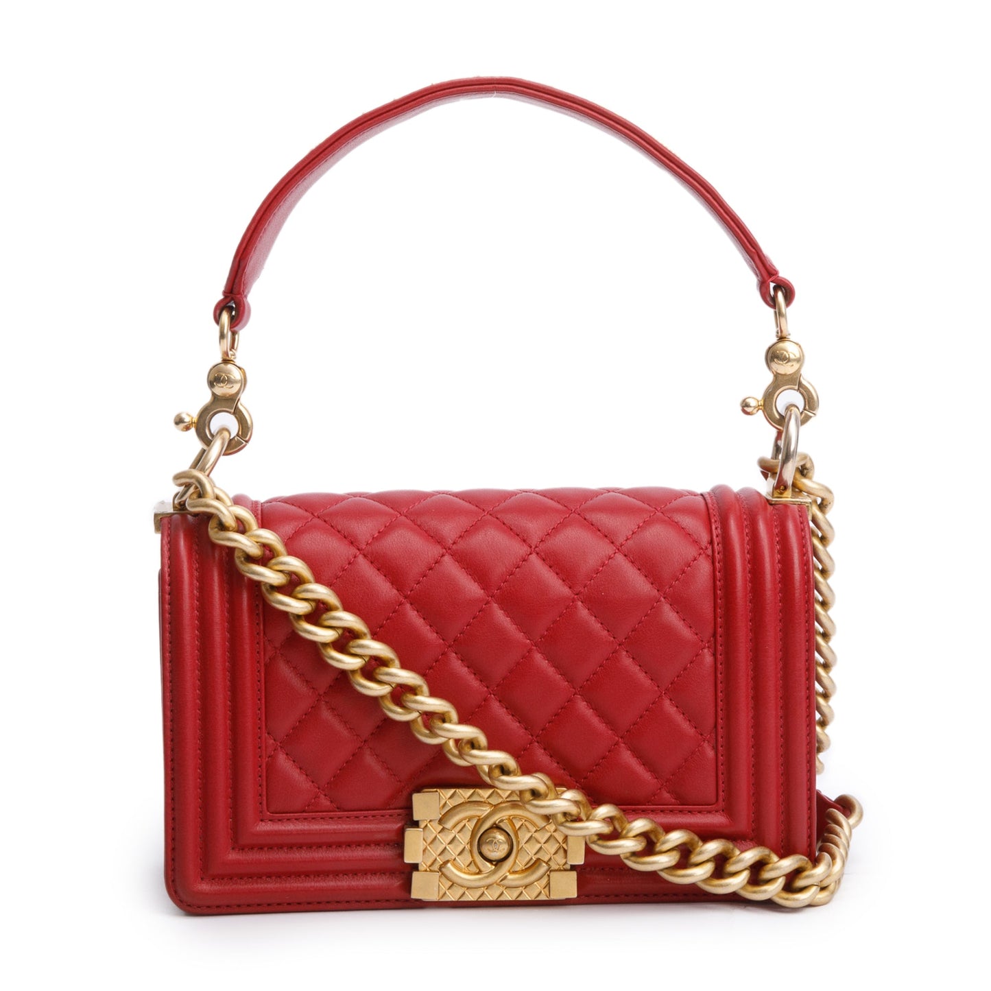 Chanel 2020 Red Quilted Lambskin Leather Small Logo Top Handle Boy Bag