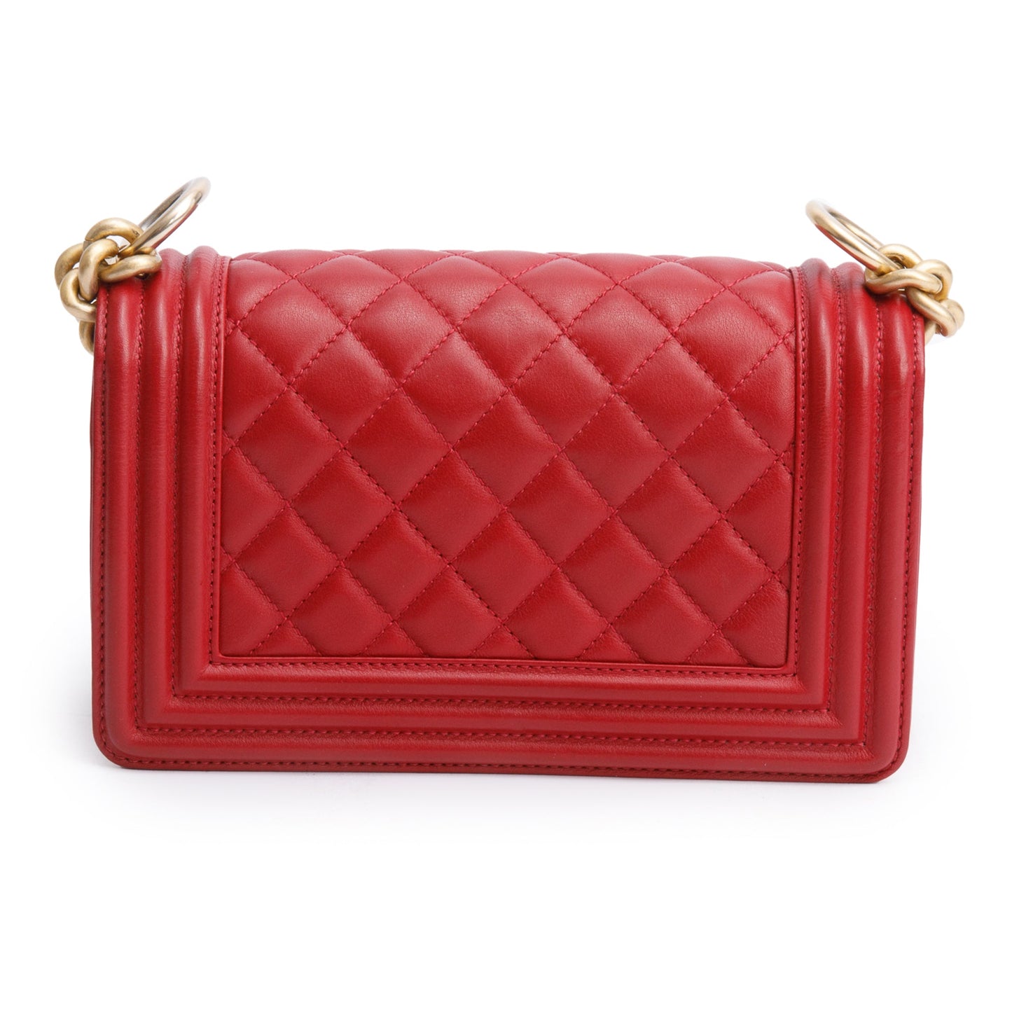 Chanel 2020 Red Quilted Lambskin Leather Small Logo Top Handle Boy Bag