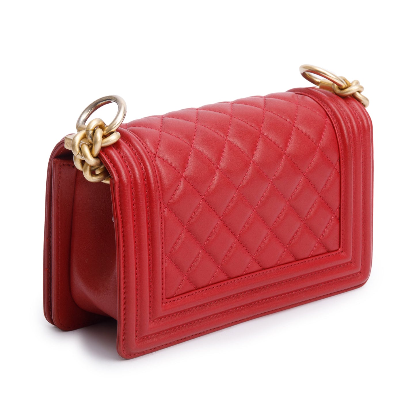 Chanel 2020 Red Quilted Lambskin Leather Small Logo Top Handle Boy Bag