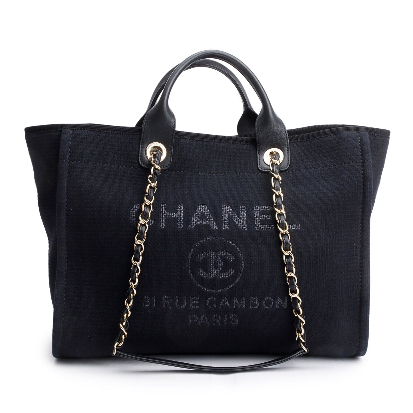 Chanel 2024 Black Canvas Calfskin Leather Trim Medium Deauville Shopping Tote