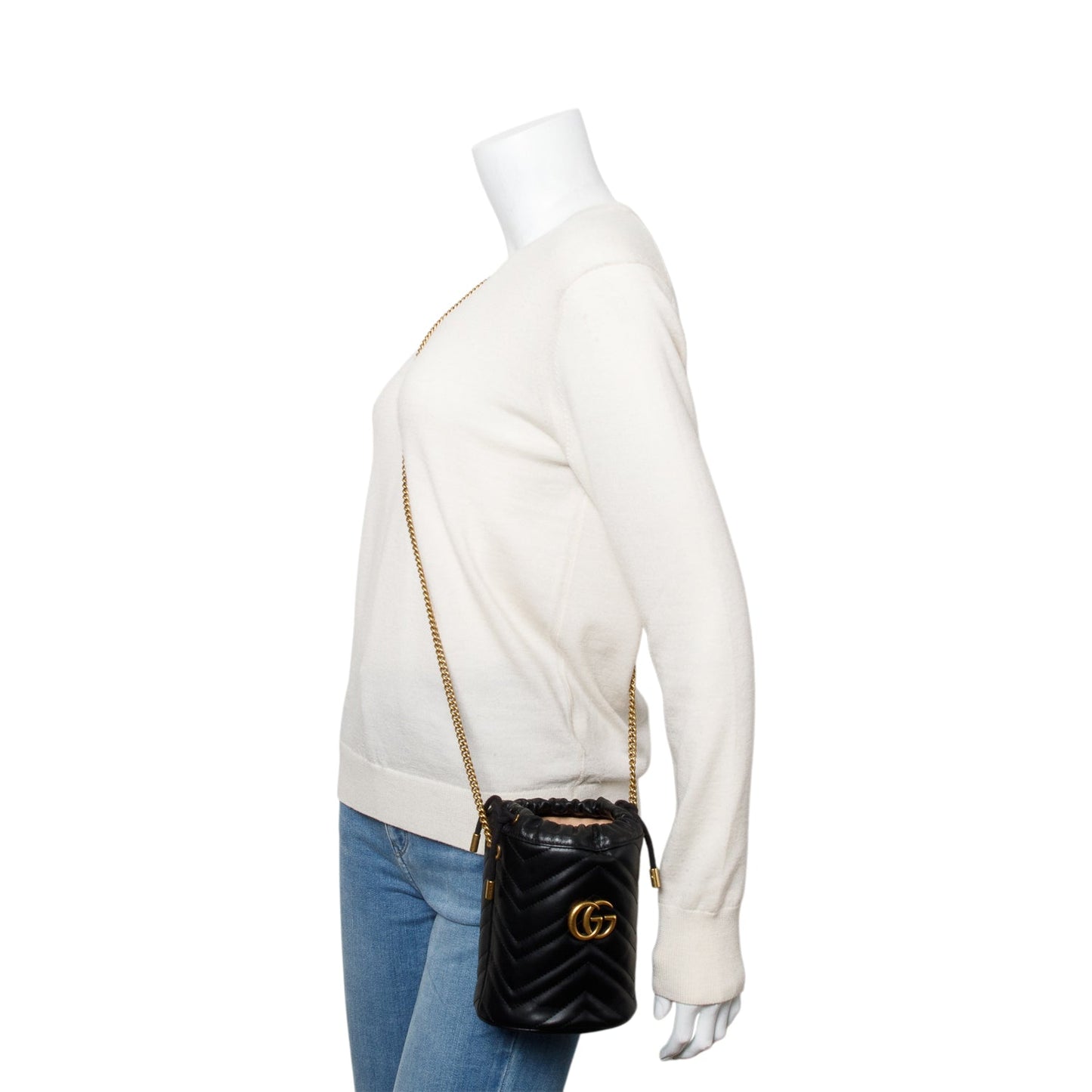 Gucci Black Calfskin Leather GG Marmont Small Bucket Bag