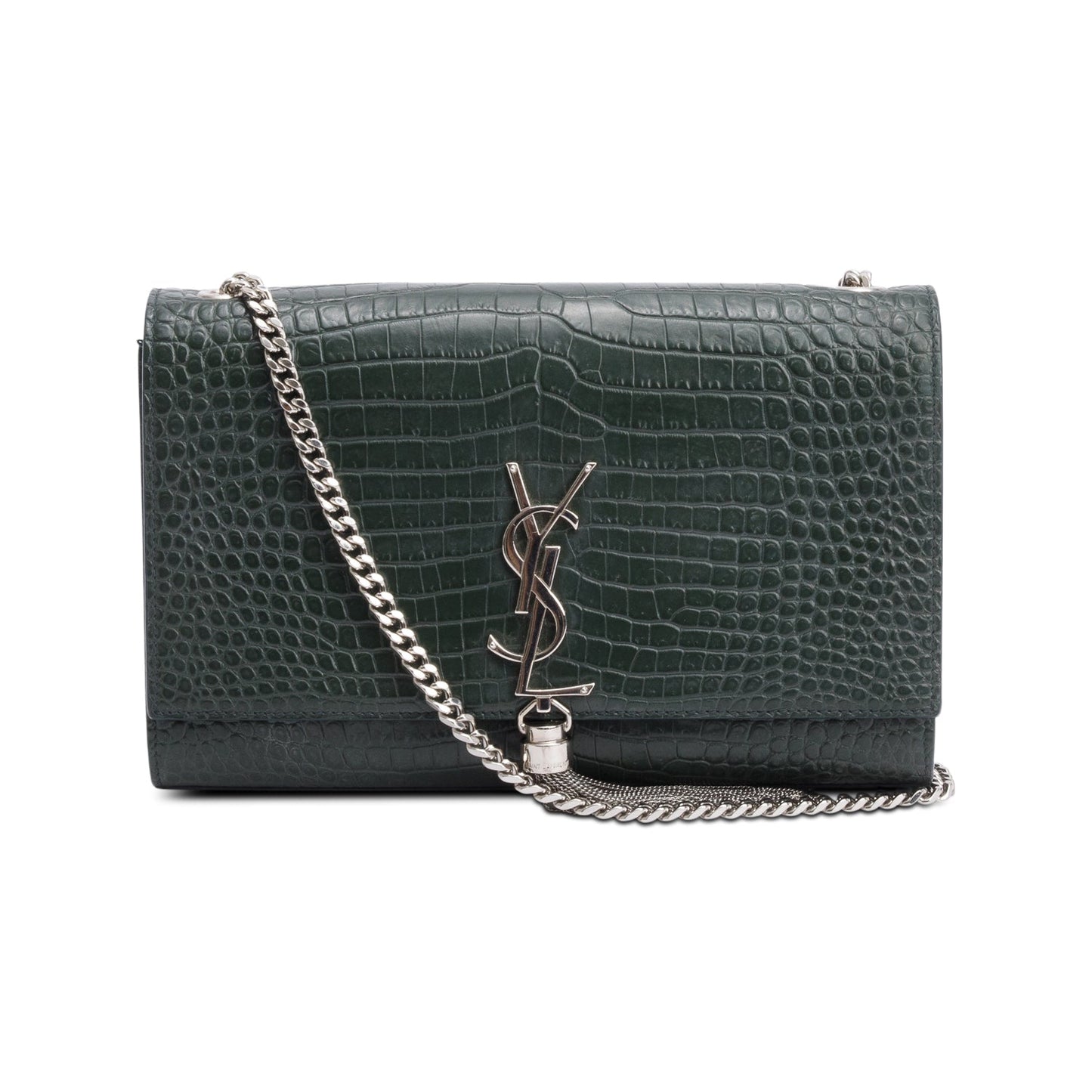 Saint Laurent Green Crocodile-Embossed Leather Medium Classic Monogram Kate Tassel Chain Bag