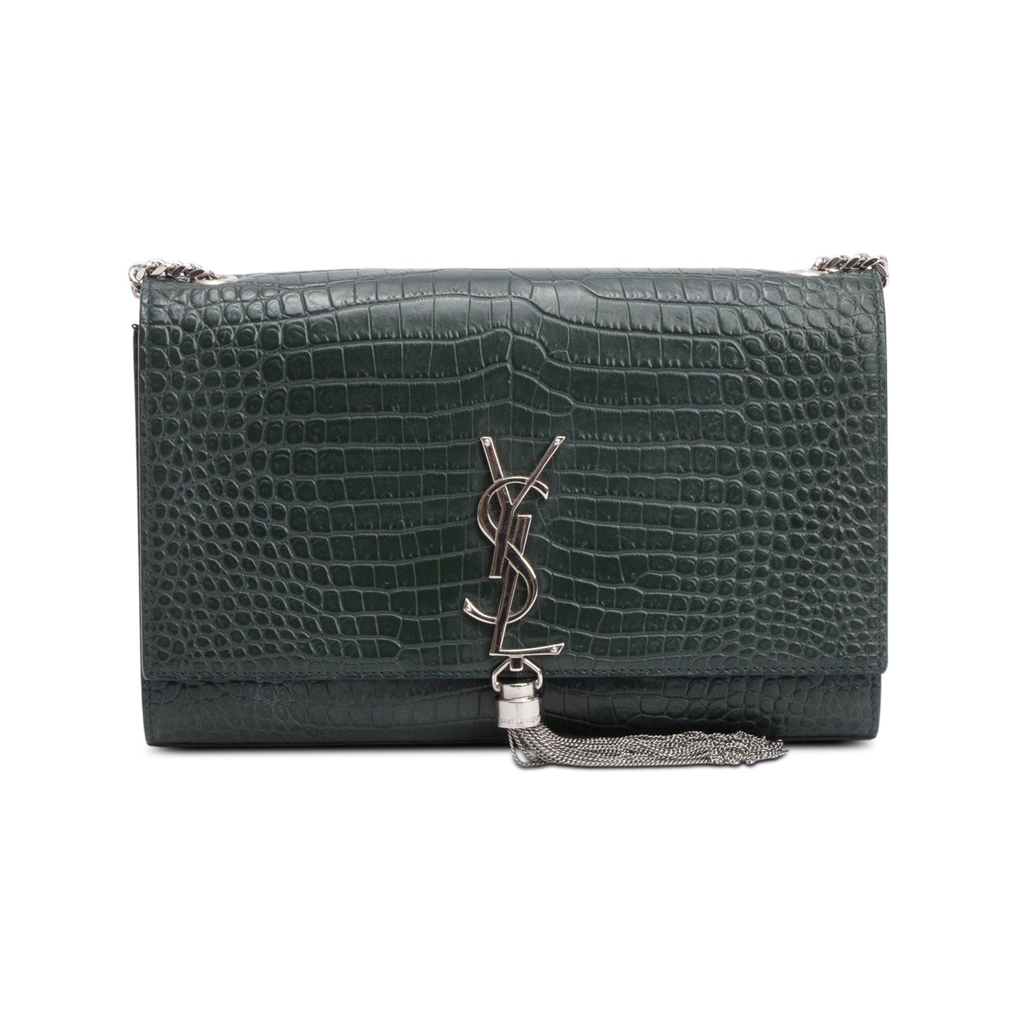 Saint Laurent Green Crocodile-Embossed Leather Medium Classic Monogram Kate Tassel Chain Bag