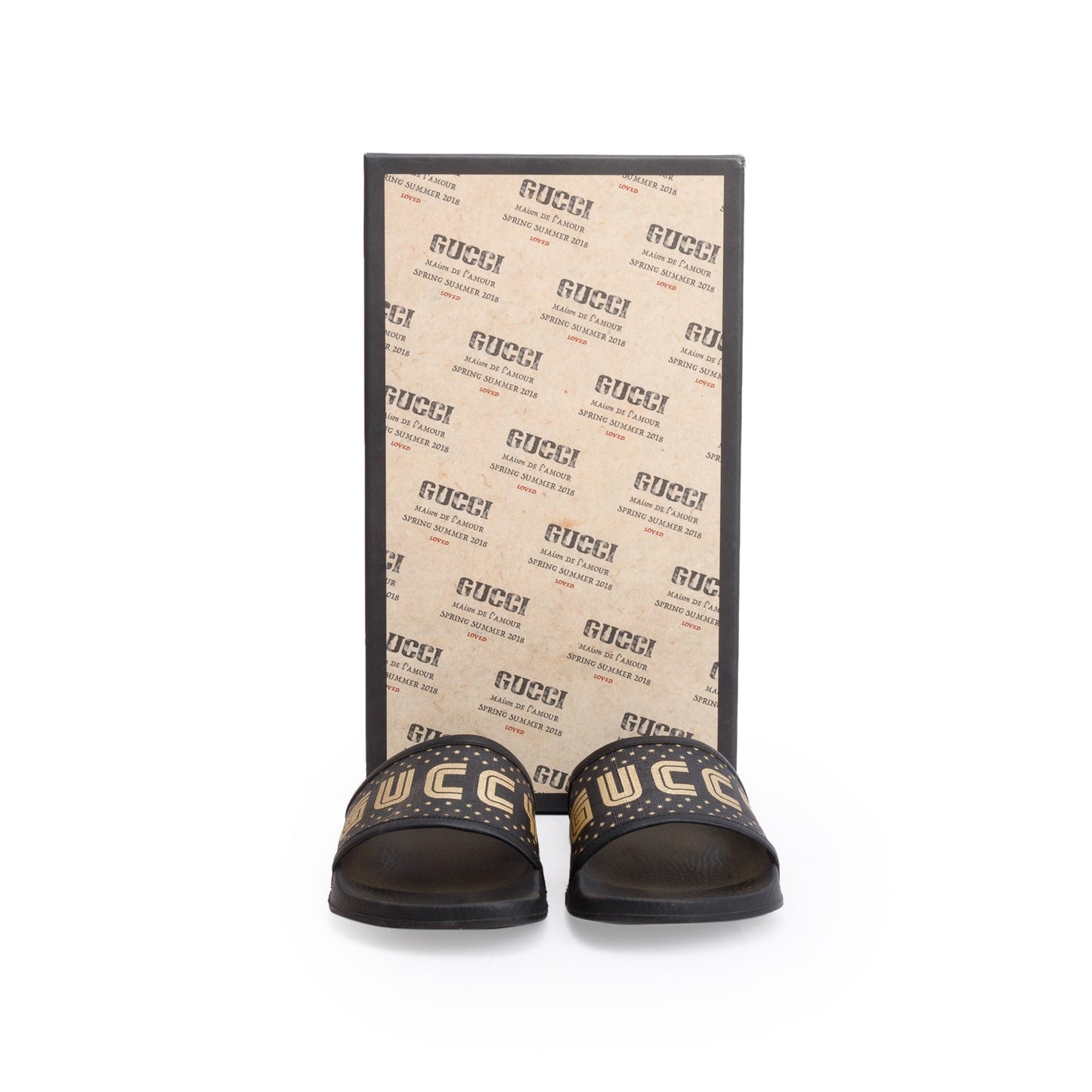 Gucci x Sega Supreme Black Rubber Guccy Star Slides, Size 7