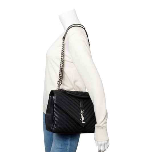 Saint Laurent Black Chevron Leather Large Chevron College Bag