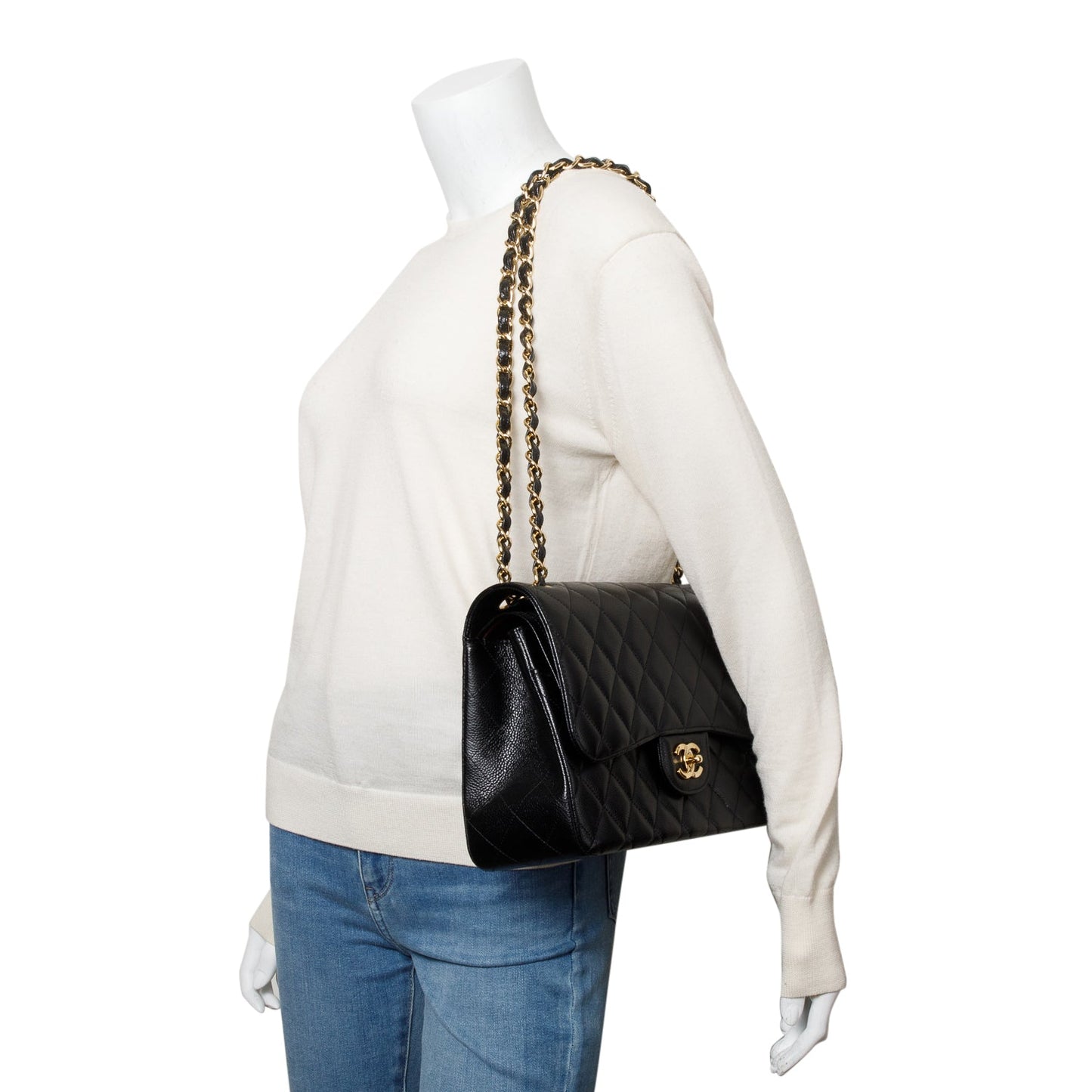 Chanel Black Quilted Caviar Leather Classic Jumbo Double Flap Bag