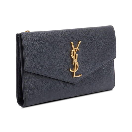Saint Laurent Black Grain De Poudre Leather Large Flap Uptown Wallet Clutch