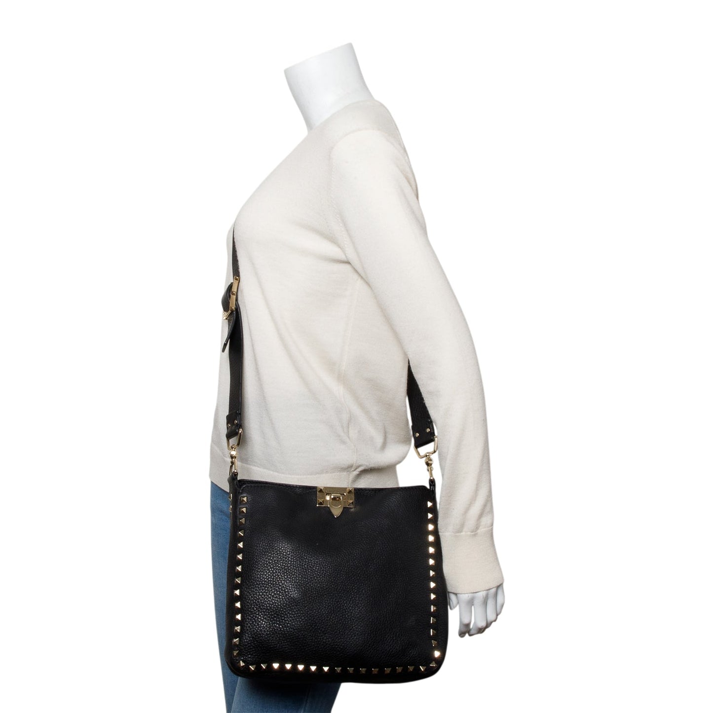 Valentino Black Calfskin Leather Small Rockstud Messenger Bag