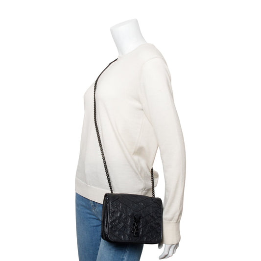 Saint Laurent Black Crinkled Calfskin Matelasse Niki Chain Wallet