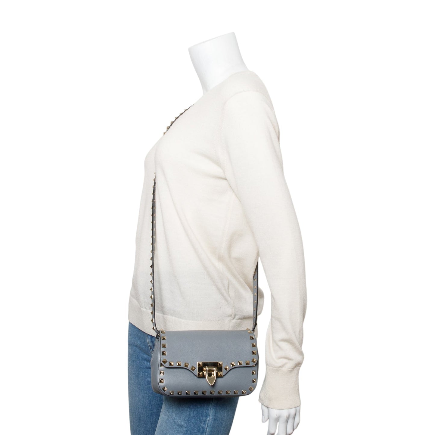 Valentino Grey Calfskin Leather Rockstud Crossbody Bag