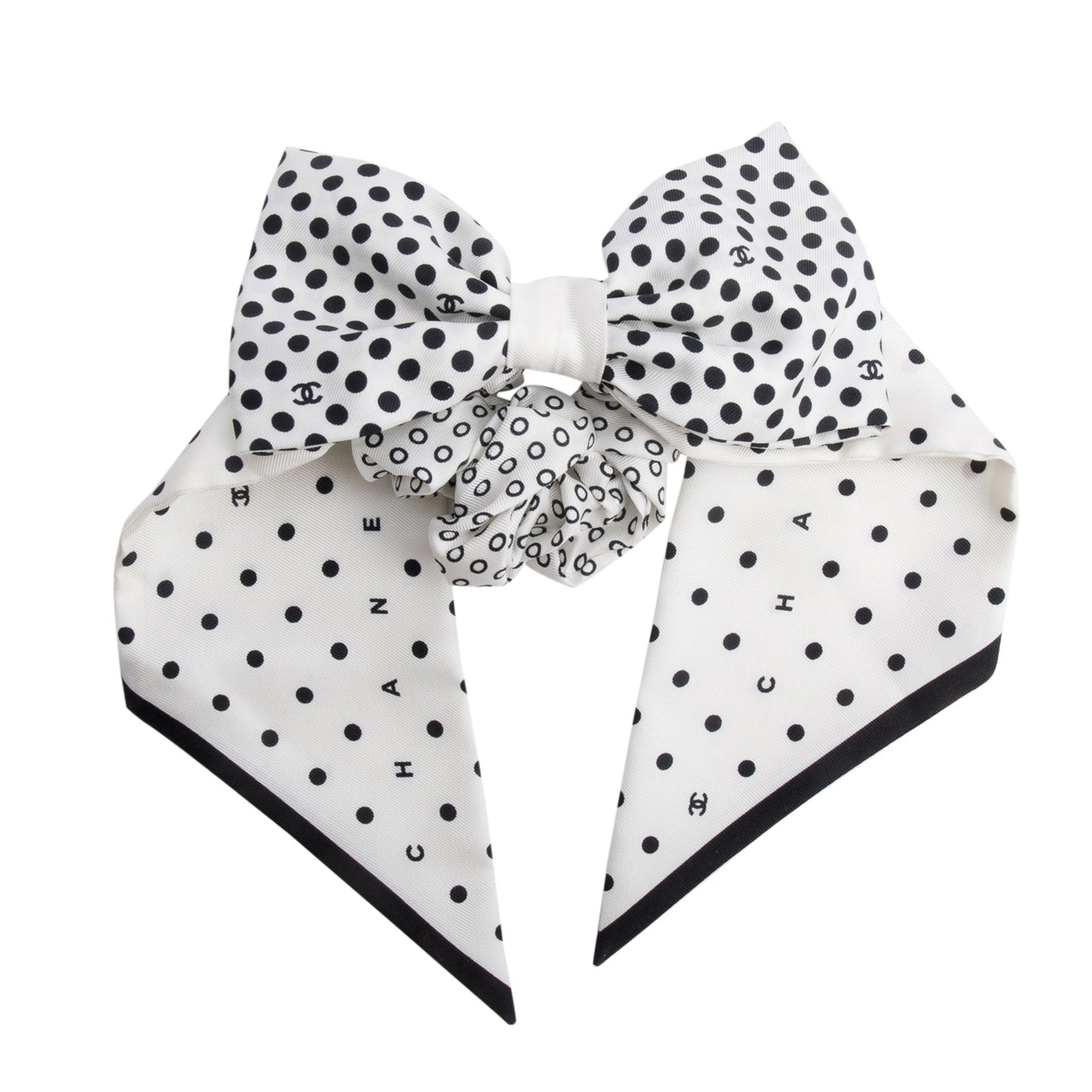 Chanel White/Black Silk CC Logo Bow Hair Scrunchie