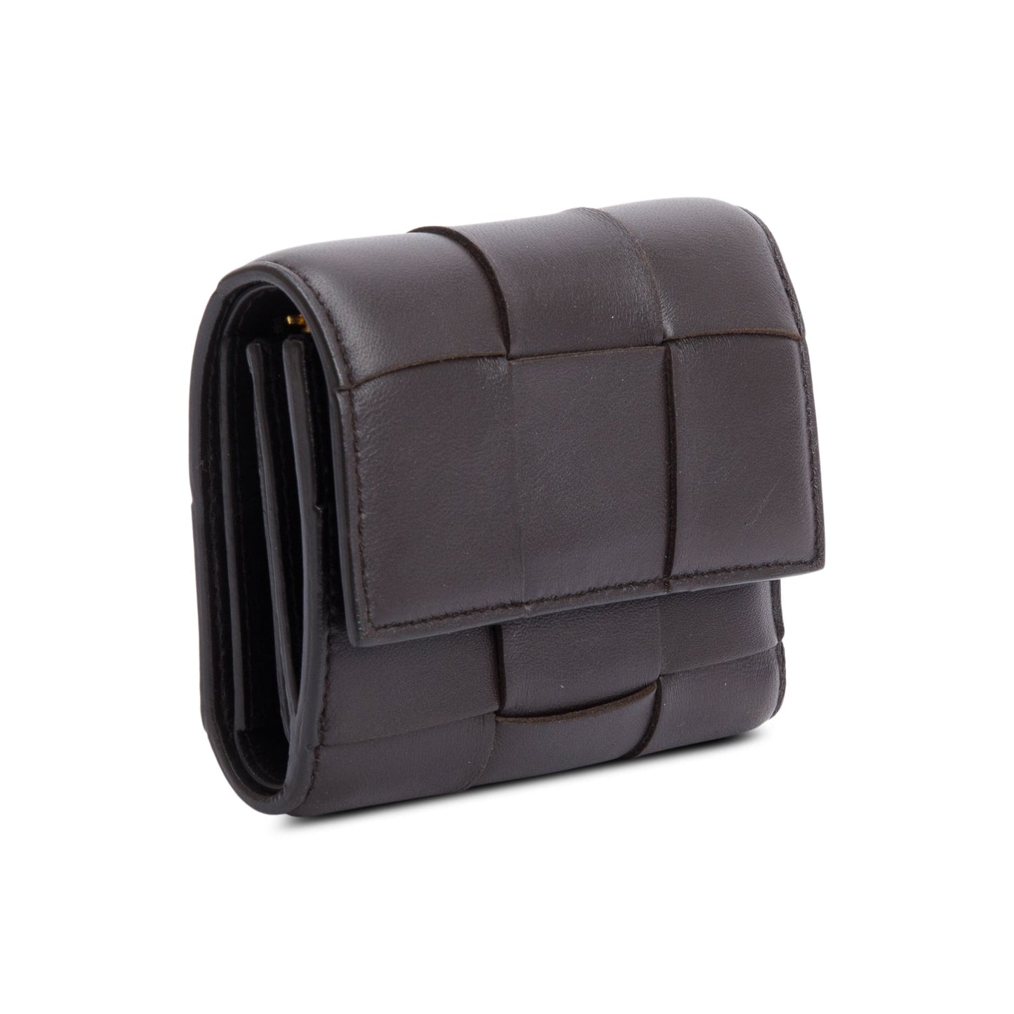 Bottega Veneta Brown Intreccio Nappa Leather Cassette Tri-Fold Zip Wallet