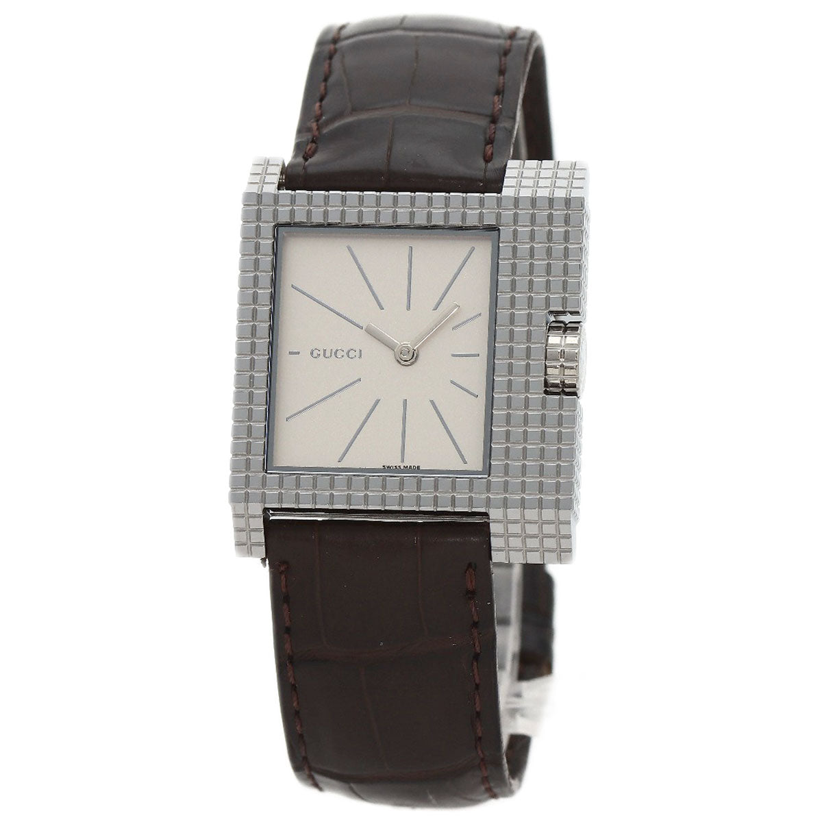 GUCCI Watches Quartz 7100M Stainless Steel, Leather Silver Square face Silver dial mens