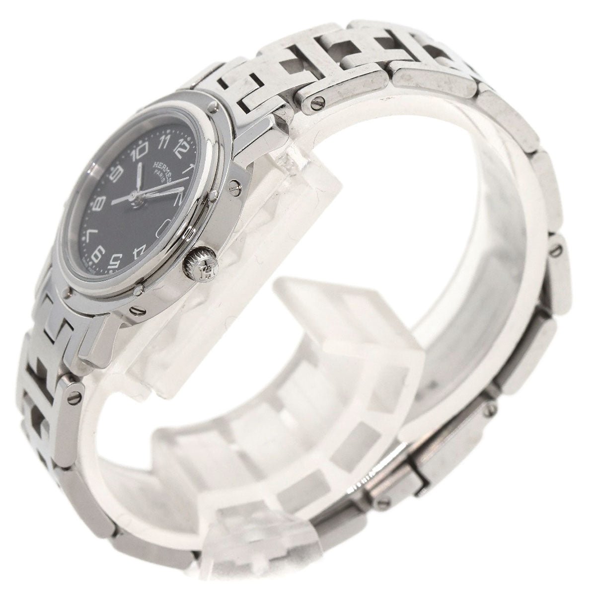 HERMES Watches Quartz CL4.210 Stainless Steel , Stainless Steel Silver Clipper black dial Women